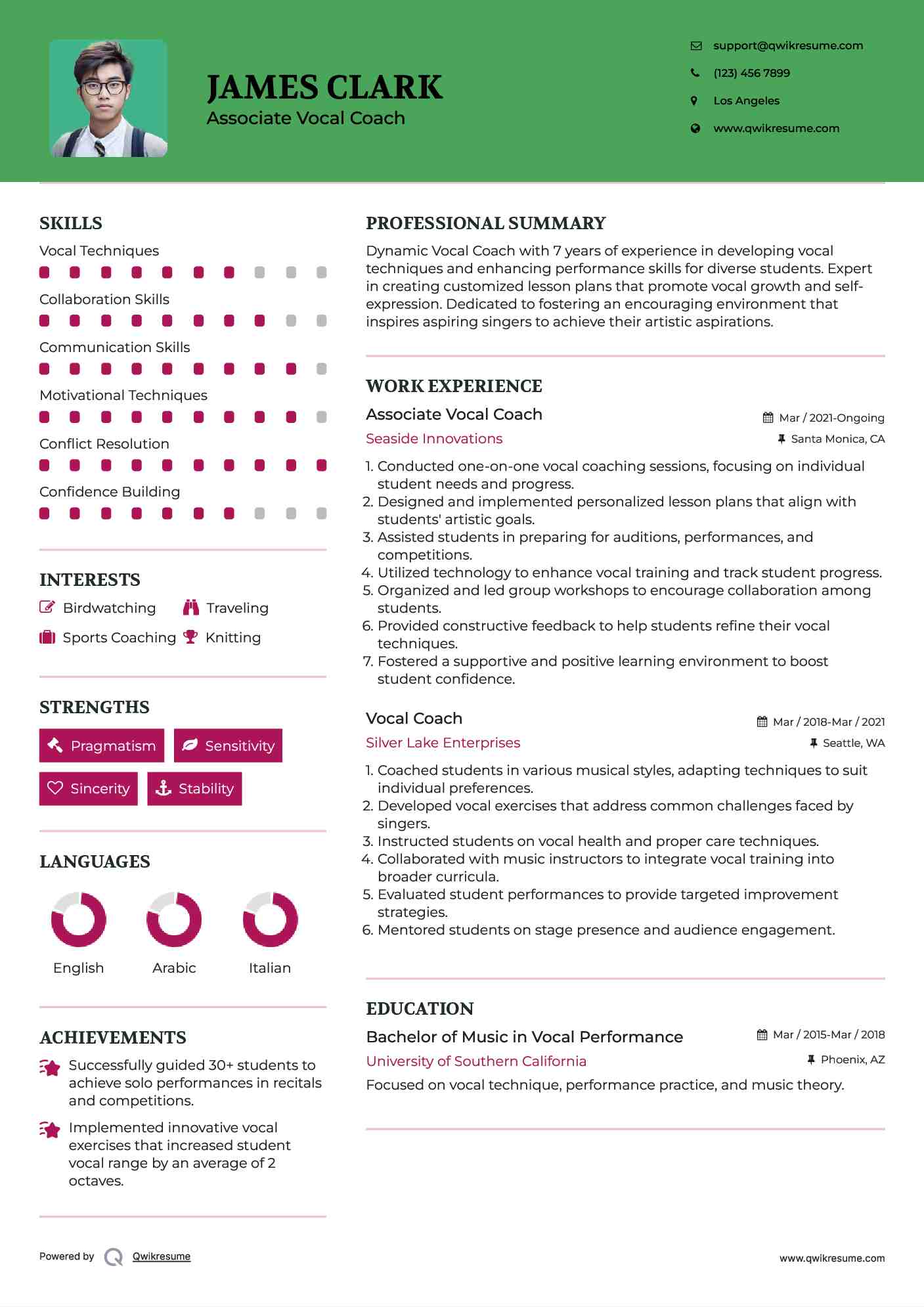 Associate Vocal Coach Resume Model