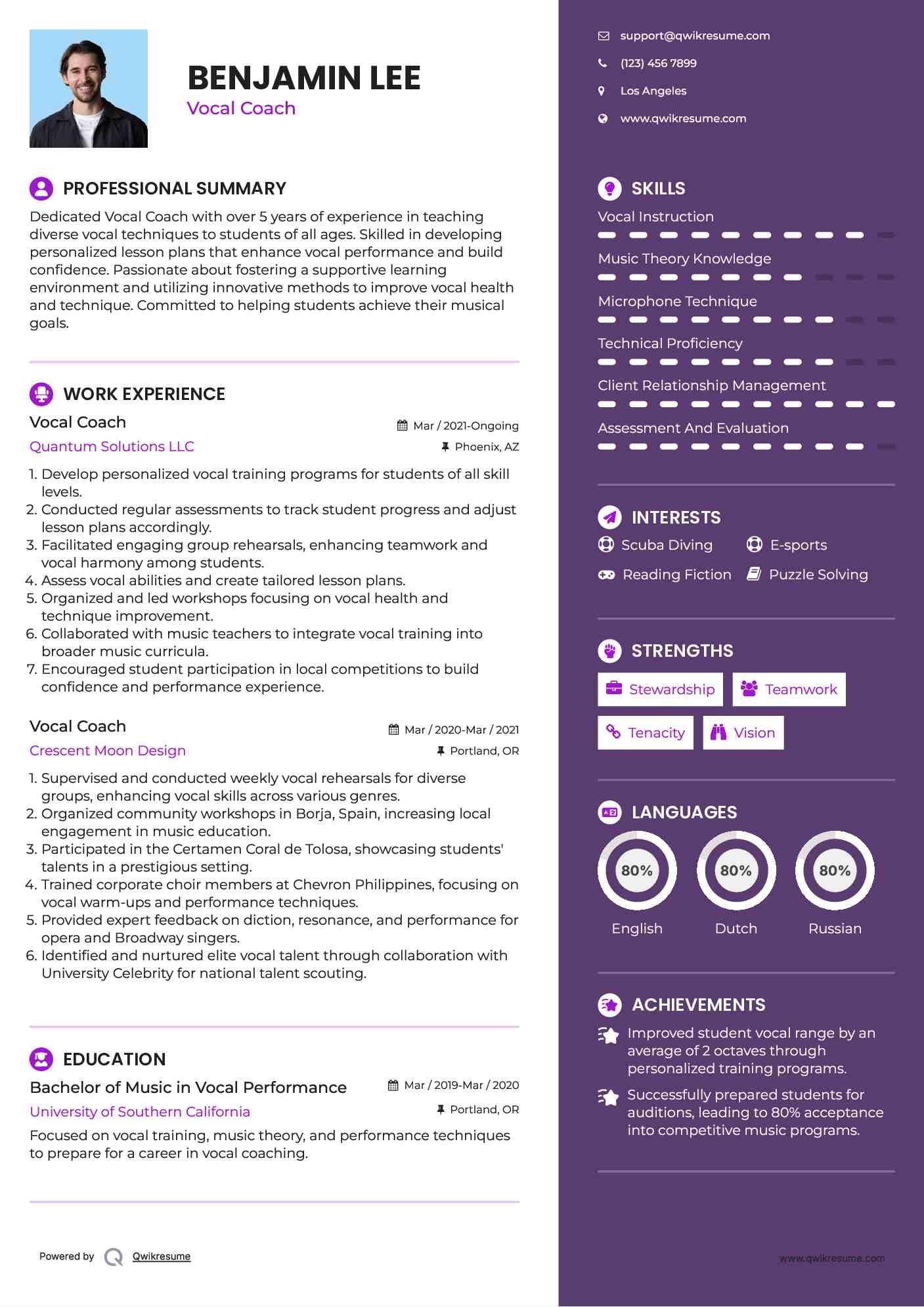 Vocal Coach Resume Example