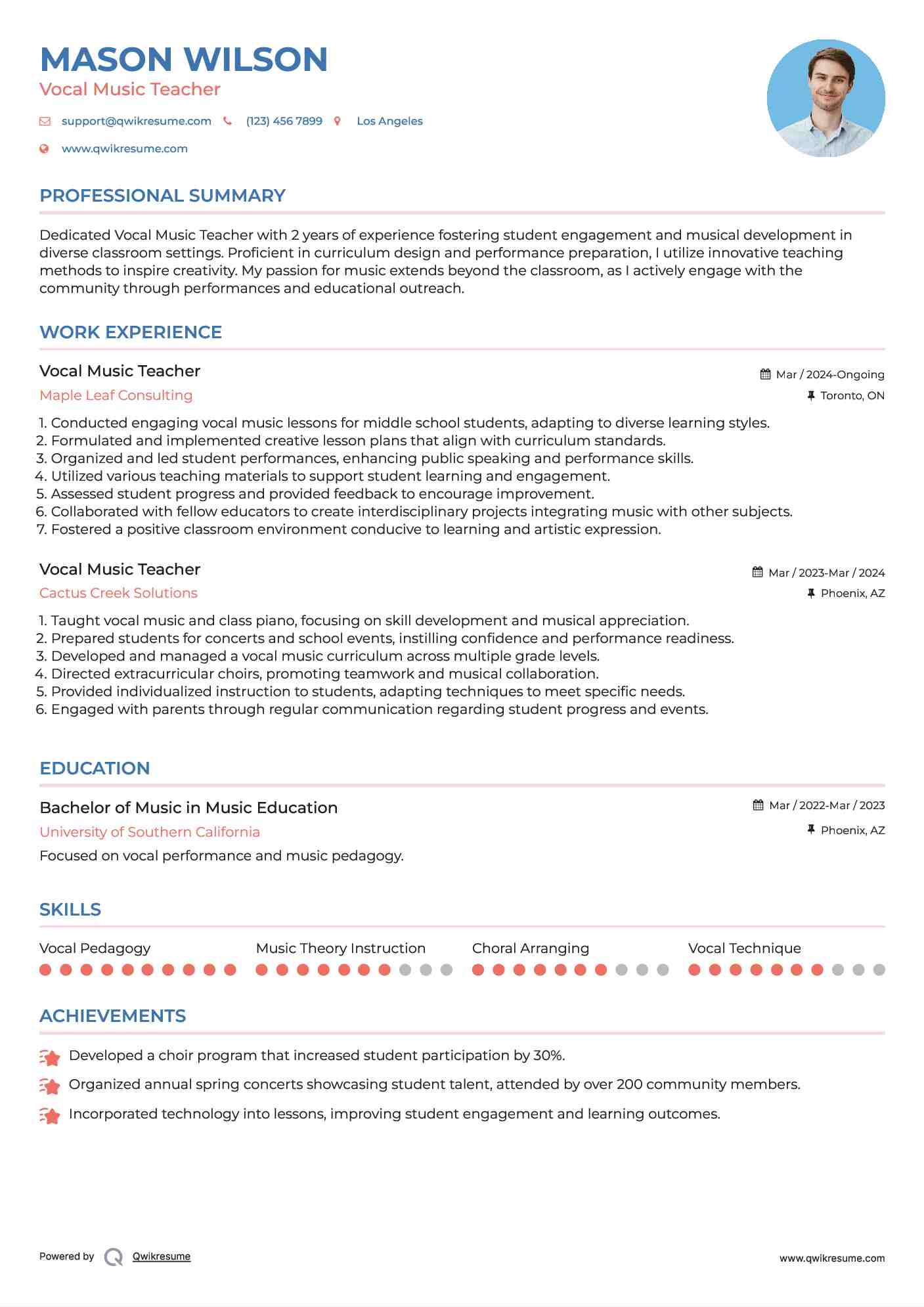 Vocal Music Teacher Resume Format