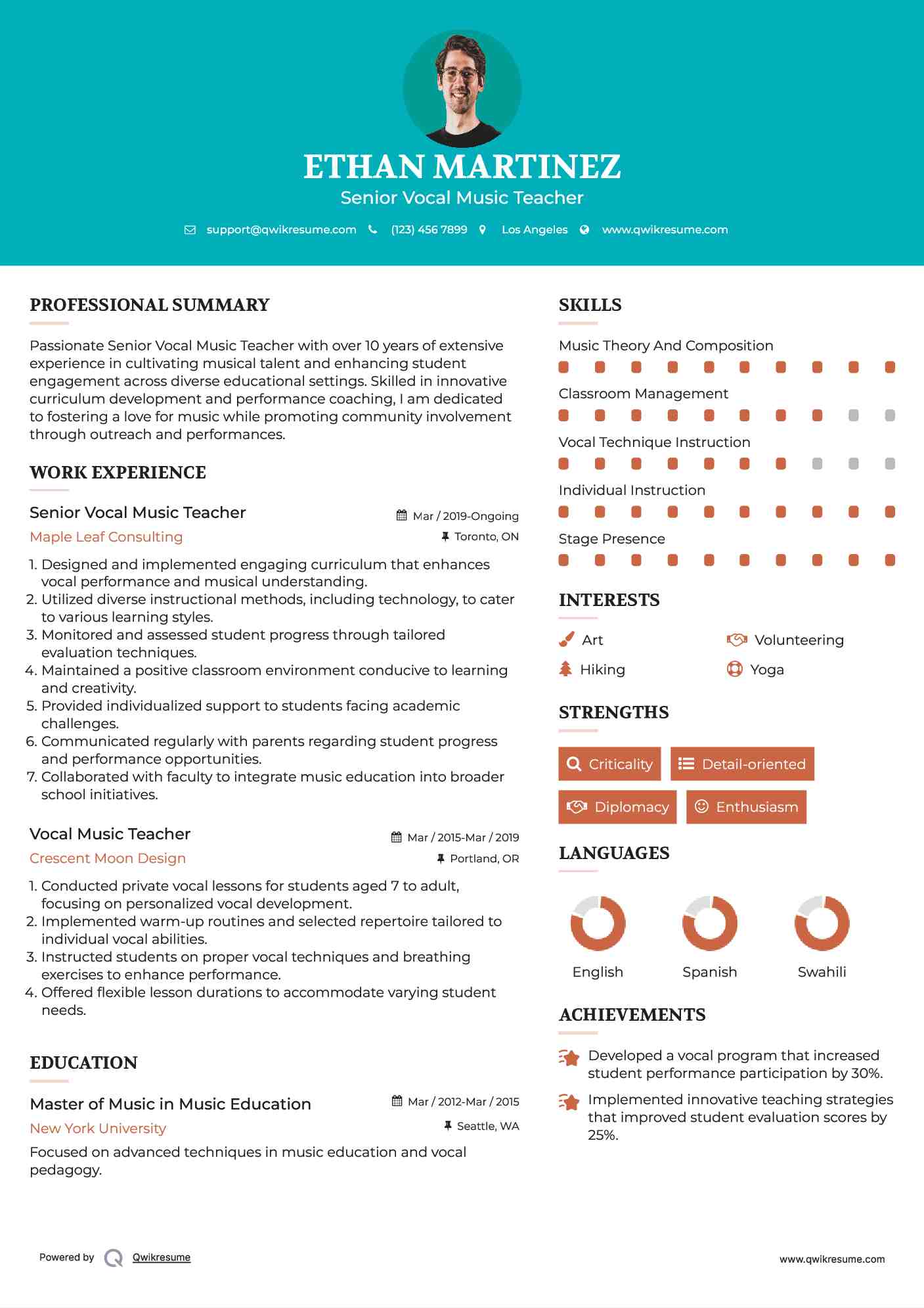 Senior Vocal Music Teacher Resume Model