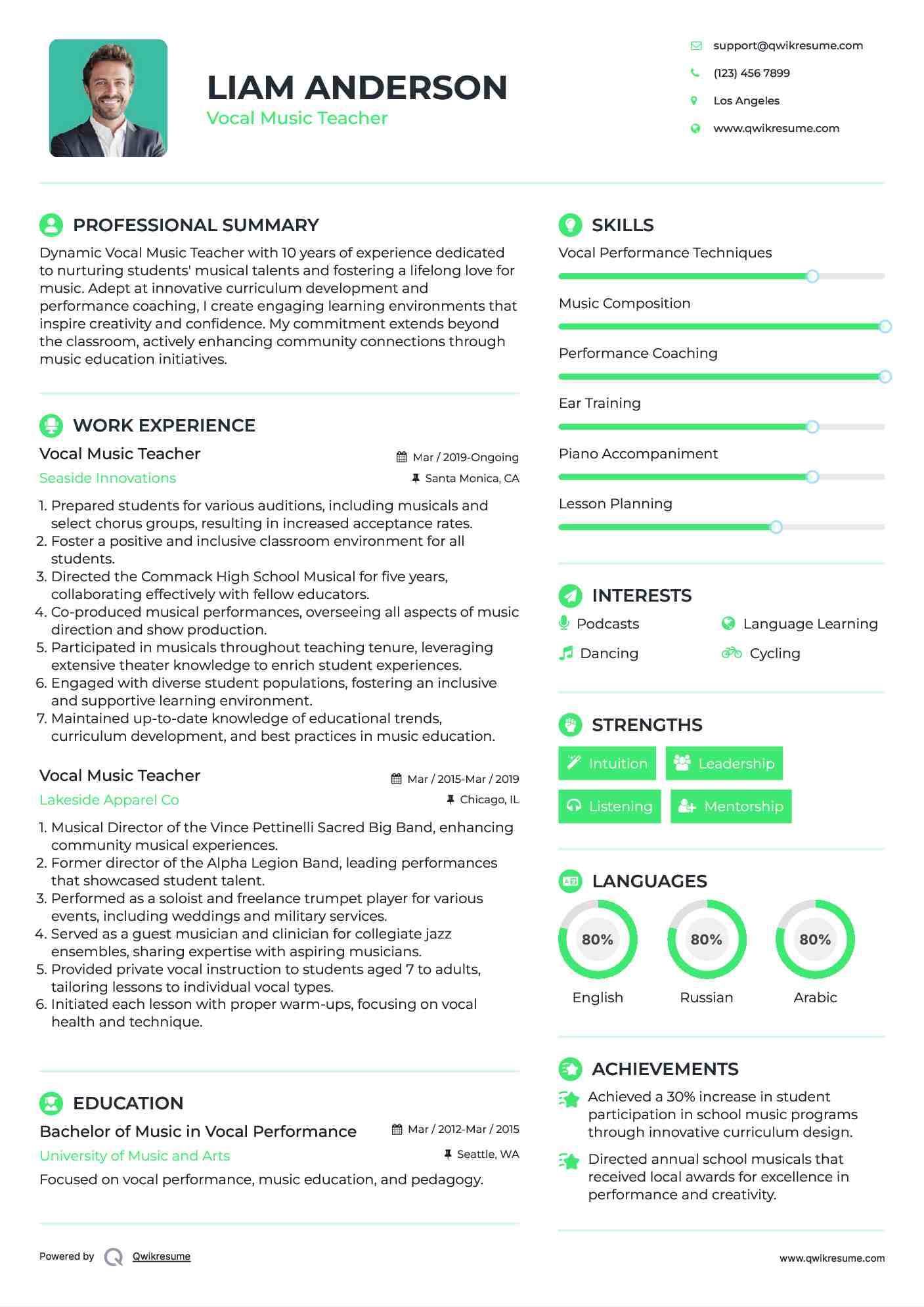 Vocal Music Teacher Resume Example