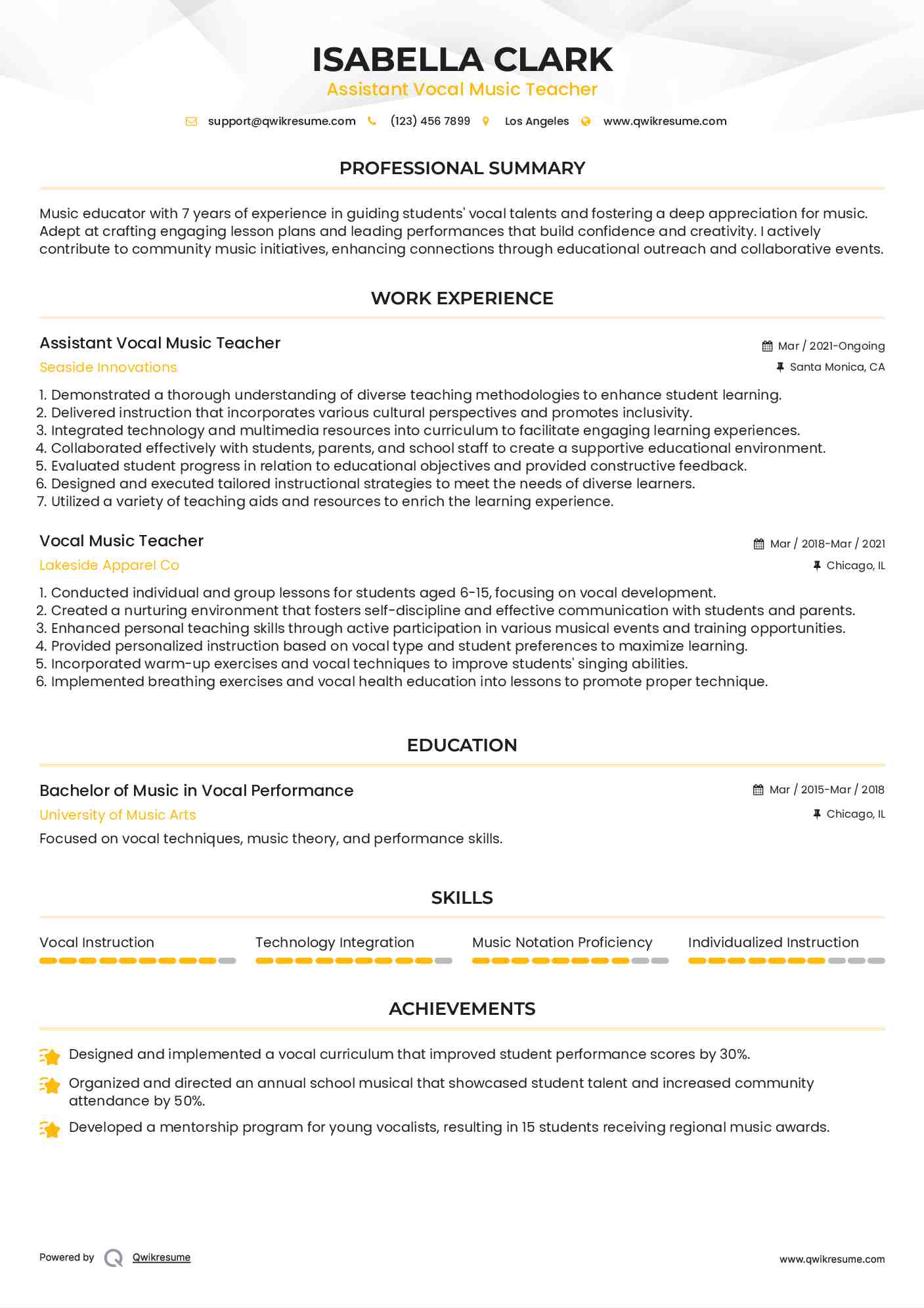 Assistant Vocal Music Teacher Resume Example