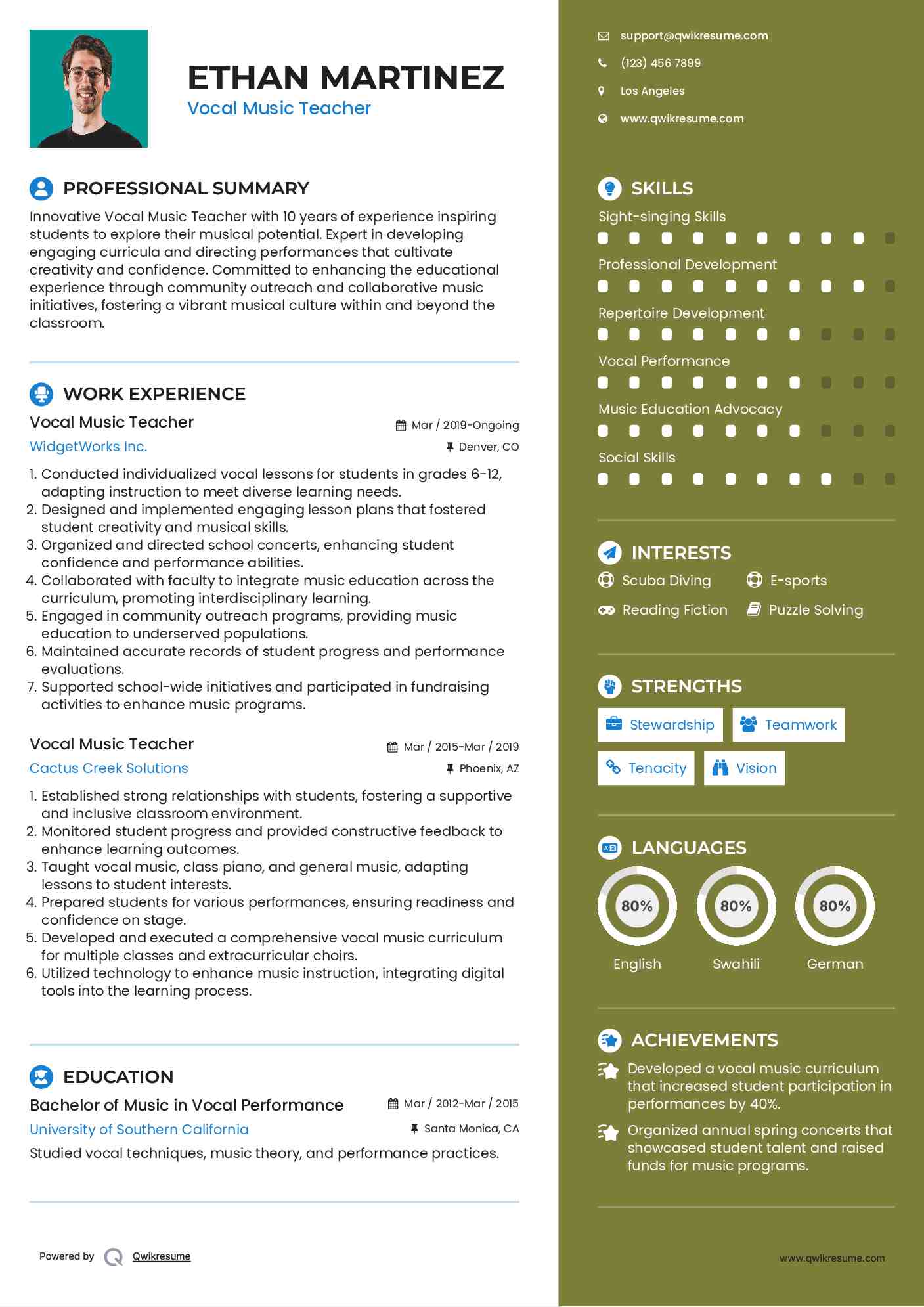 Vocal Music Teacher Resume Template