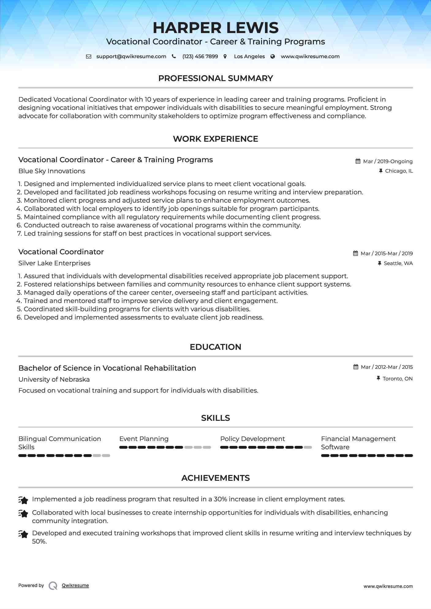 Vocational Coordinator - Career & Training Programs Resume Model