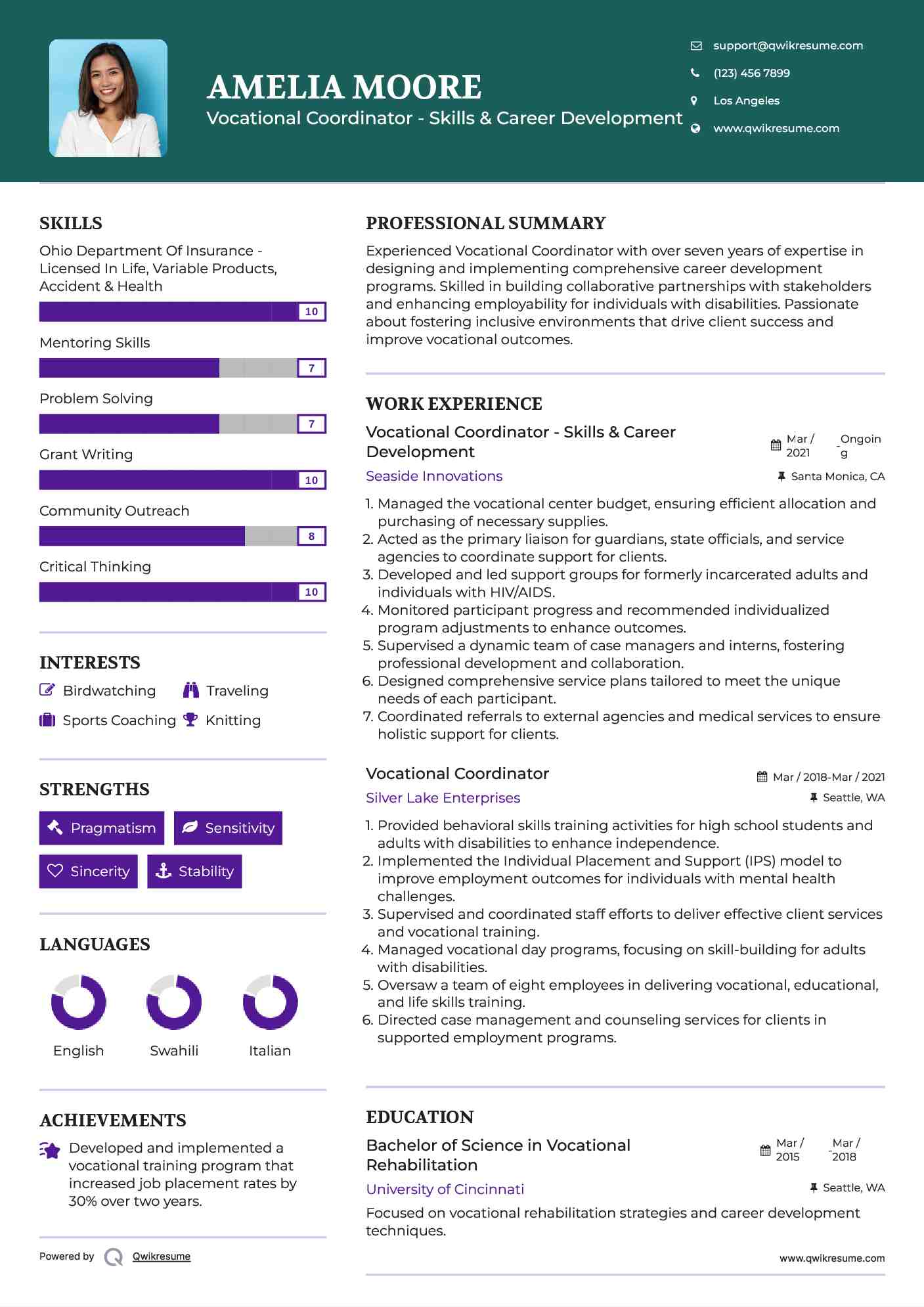 Vocational Coordinator - Skills & Career Development Resume Model
