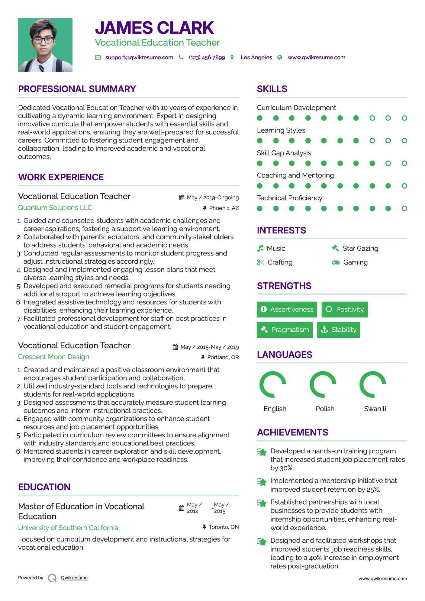 Vocational Education Teacher Resume Format