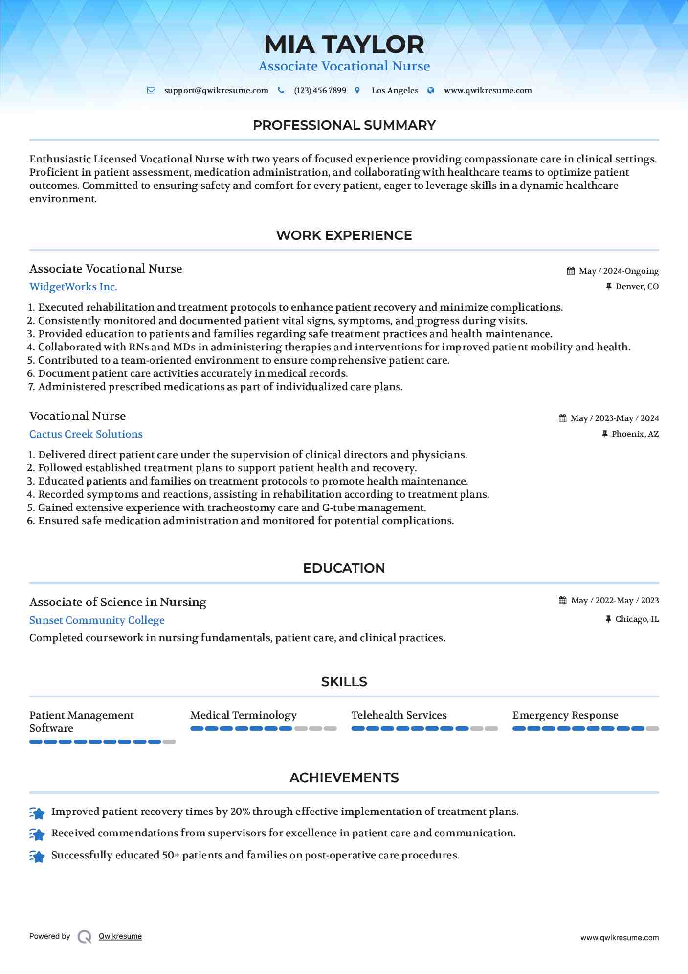 Associate Vocational Nurse Resume Model