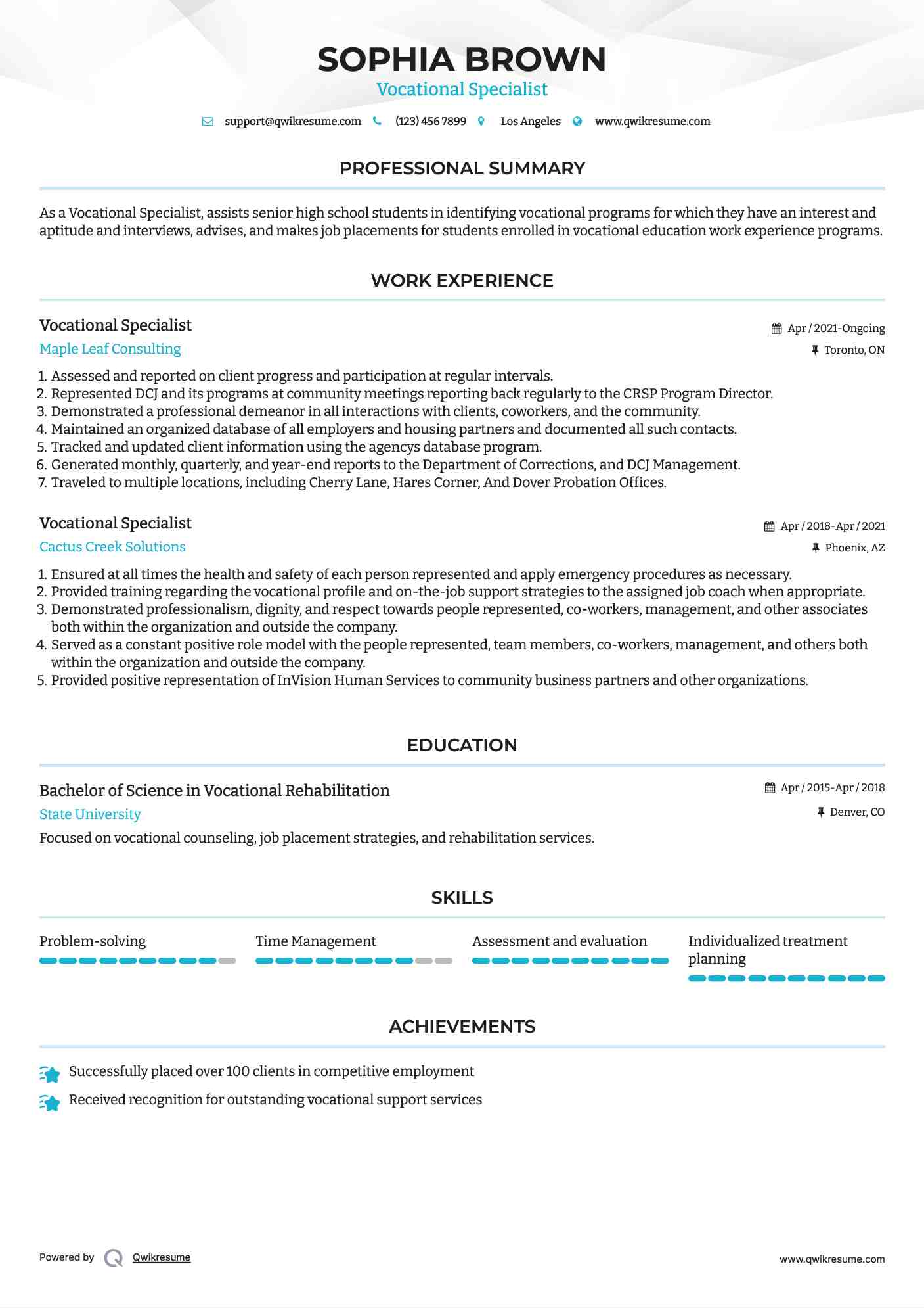 Vocational Specialist Resume Example