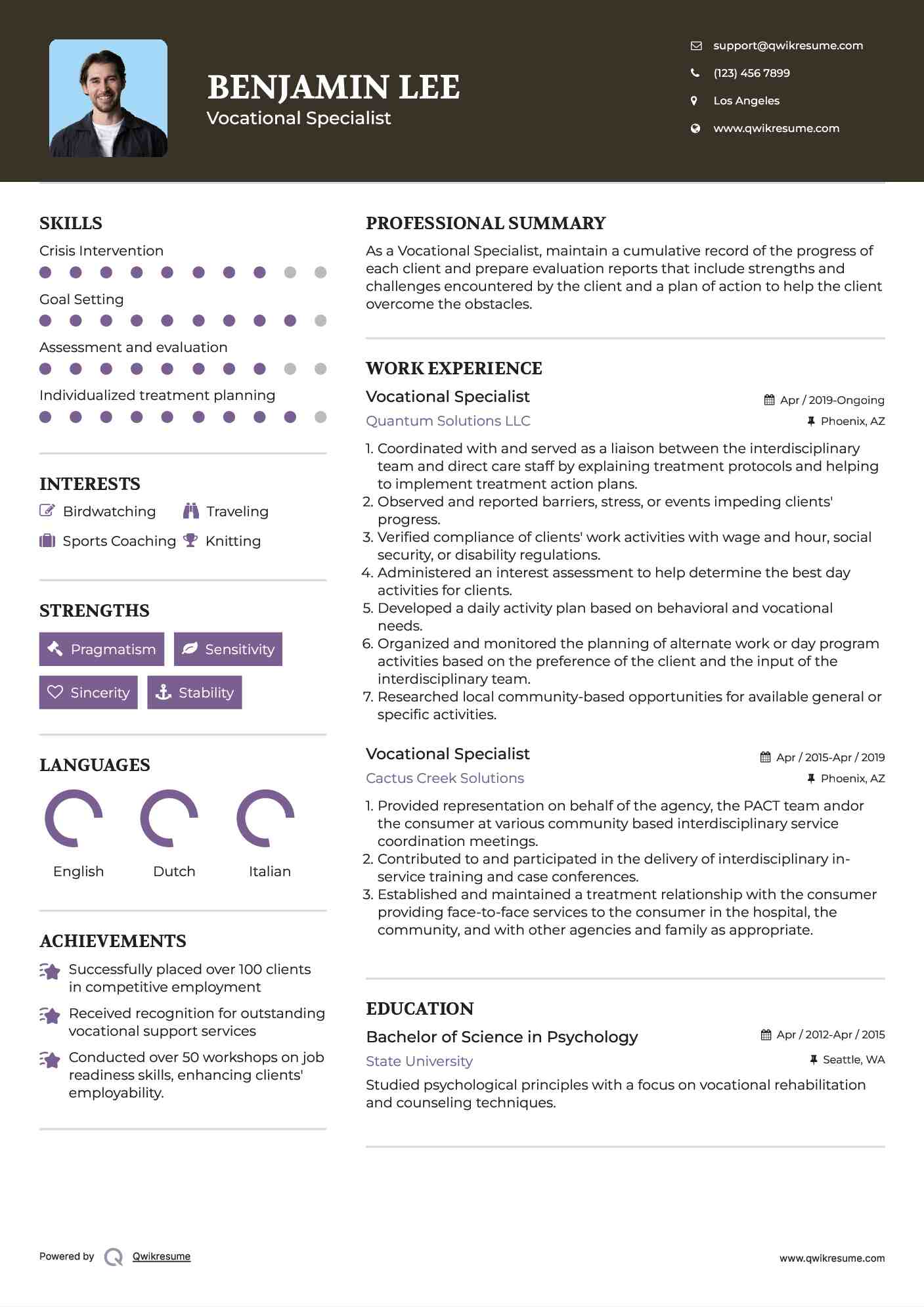 Vocational Specialist Resume Sample