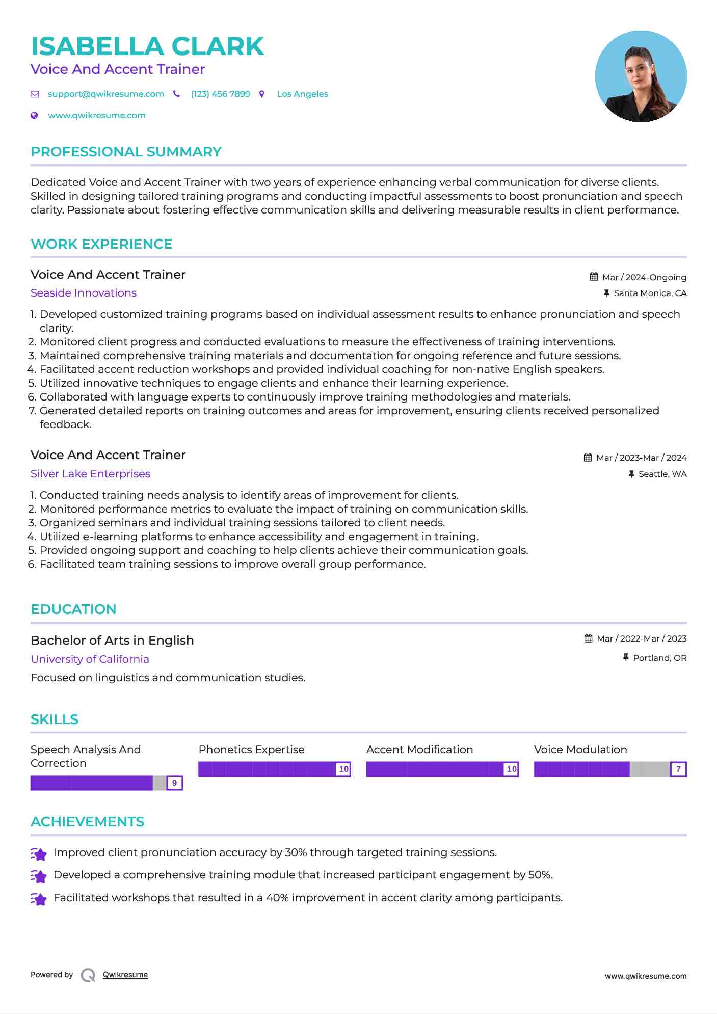 Voice And Accent Trainer Resume Sample