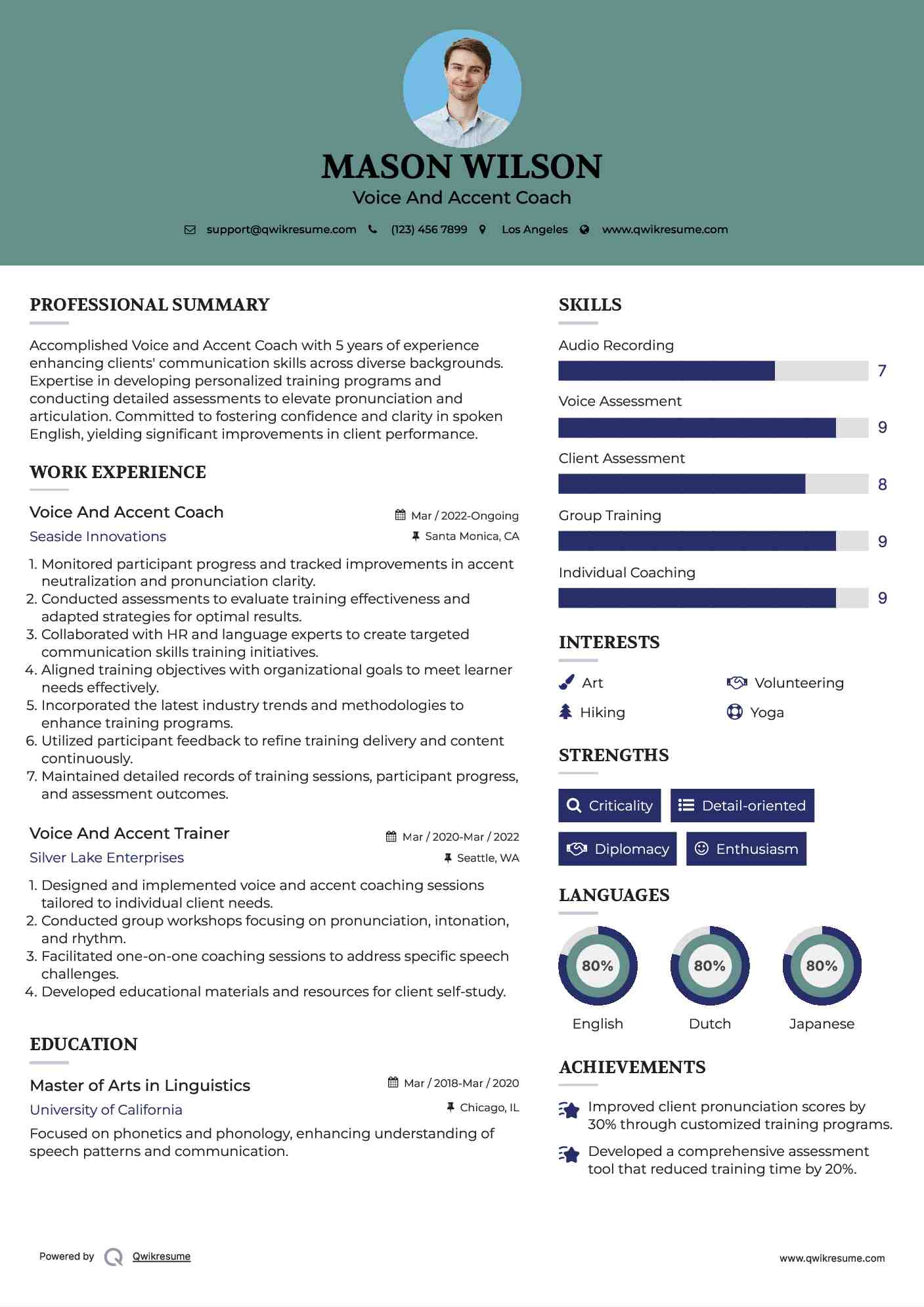 Voice And Accent Coach Resume Sample