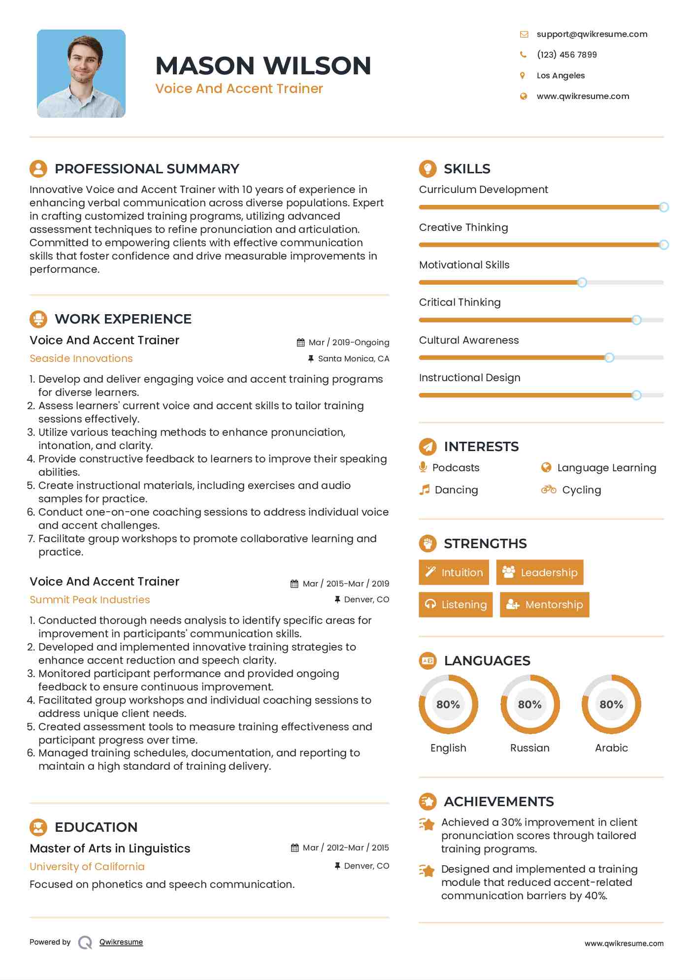 Voice And Accent Trainer Resume Sample