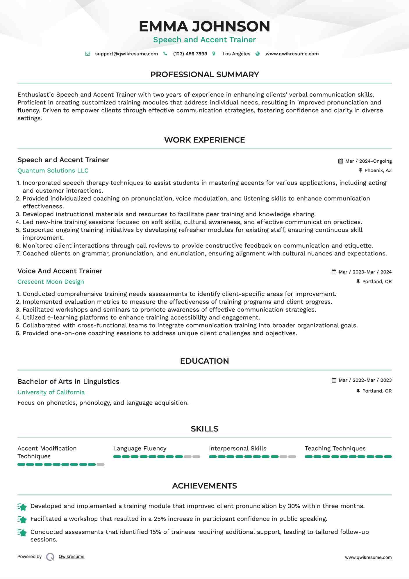 Speech and Accent Trainer Resume Template