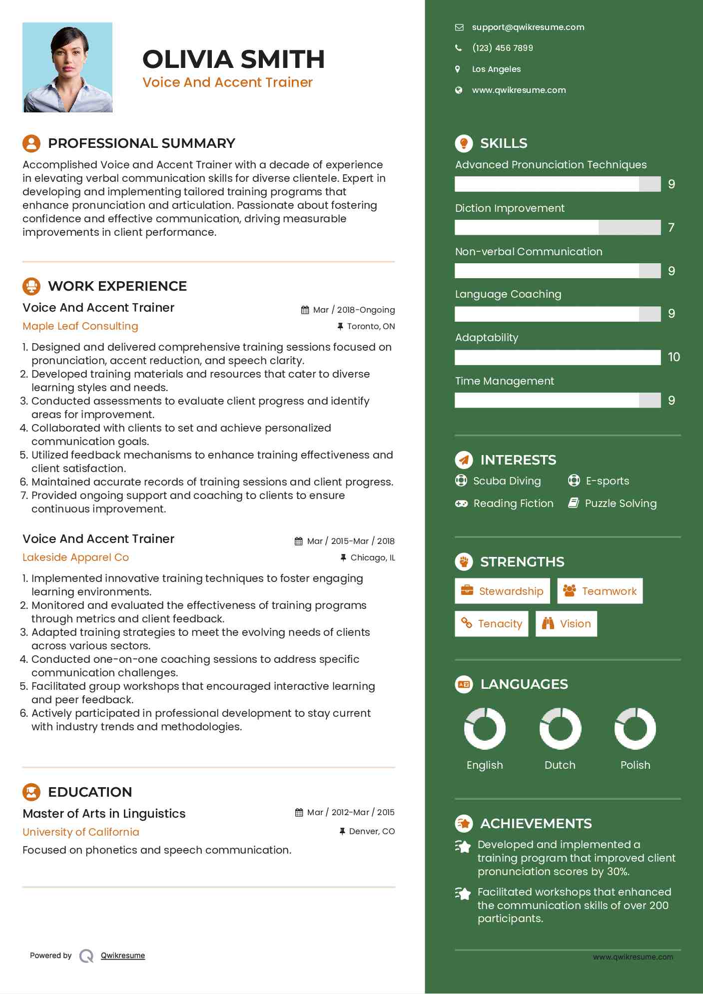 Voice And Accent Trainer Resume Example