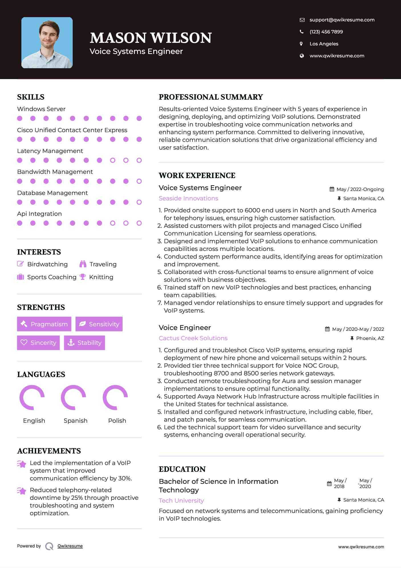 Voice Systems Engineer Resume Example