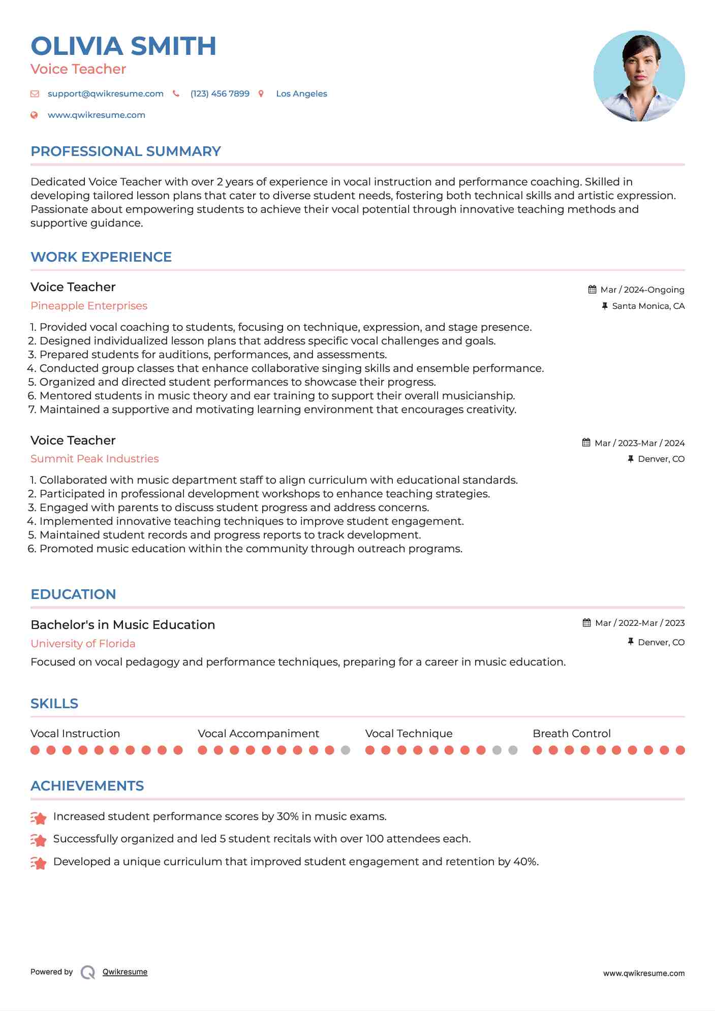 Voice Teacher Resume Example