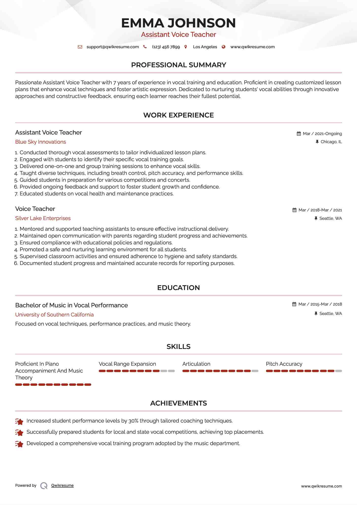Assistant Voice Teacher Resume Example