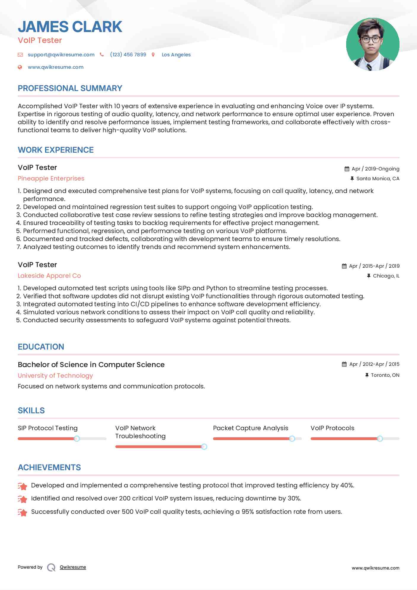 VoIP Tester Resume Sample
