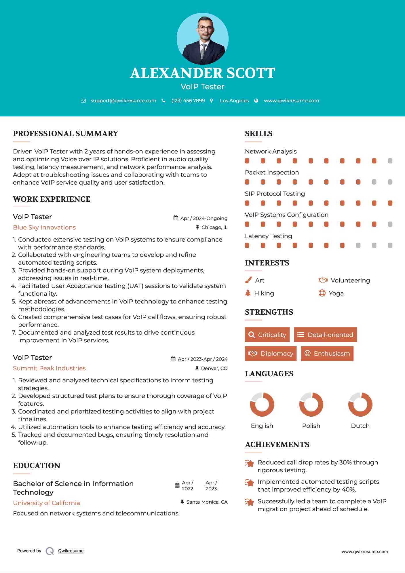 VoIP Tester Resume Example