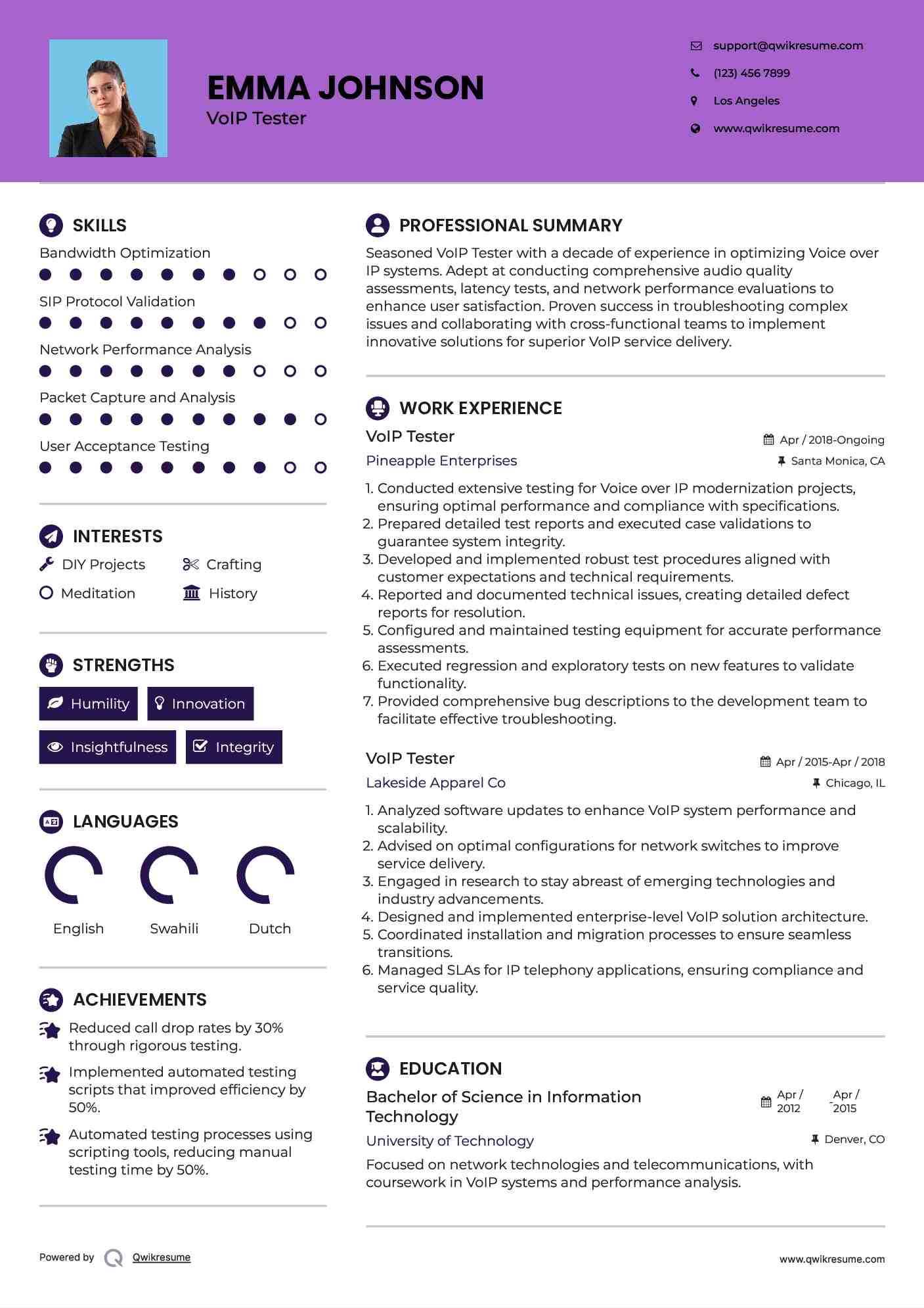 VoIP Tester Resume Model
