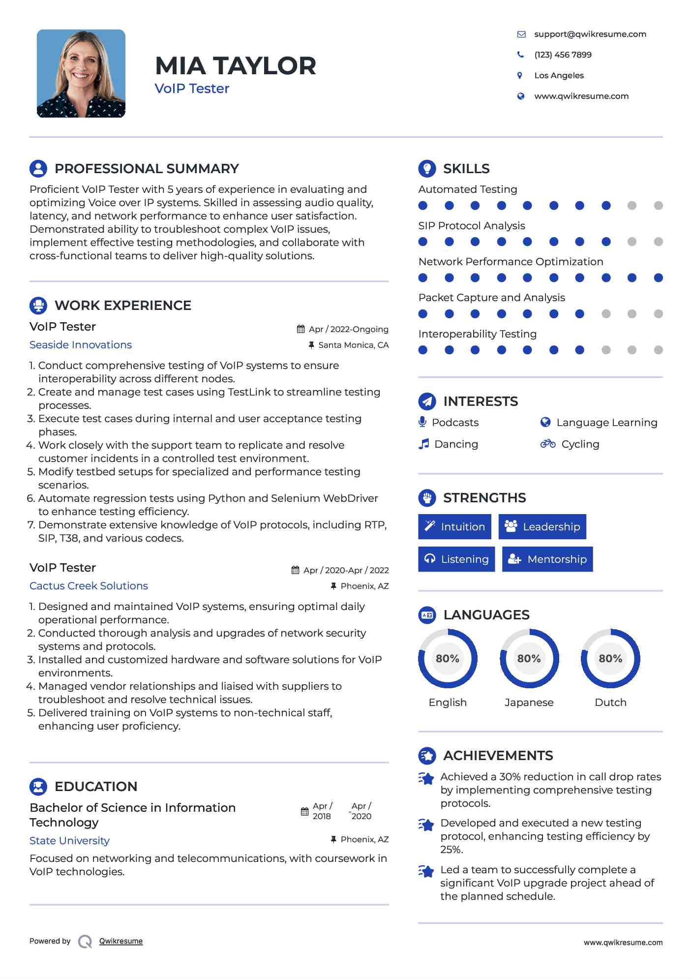 VoIP Tester Resume Format