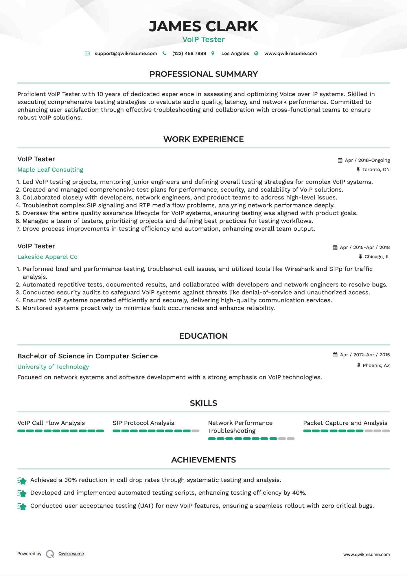 VoIP Tester Resume Format