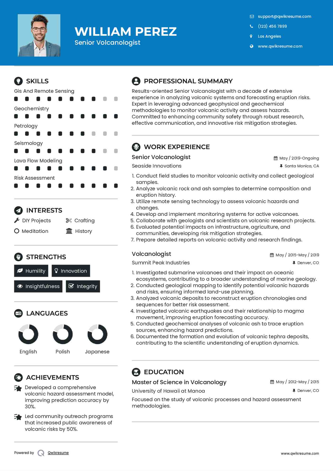 Senior Volcanologist Resume Sample