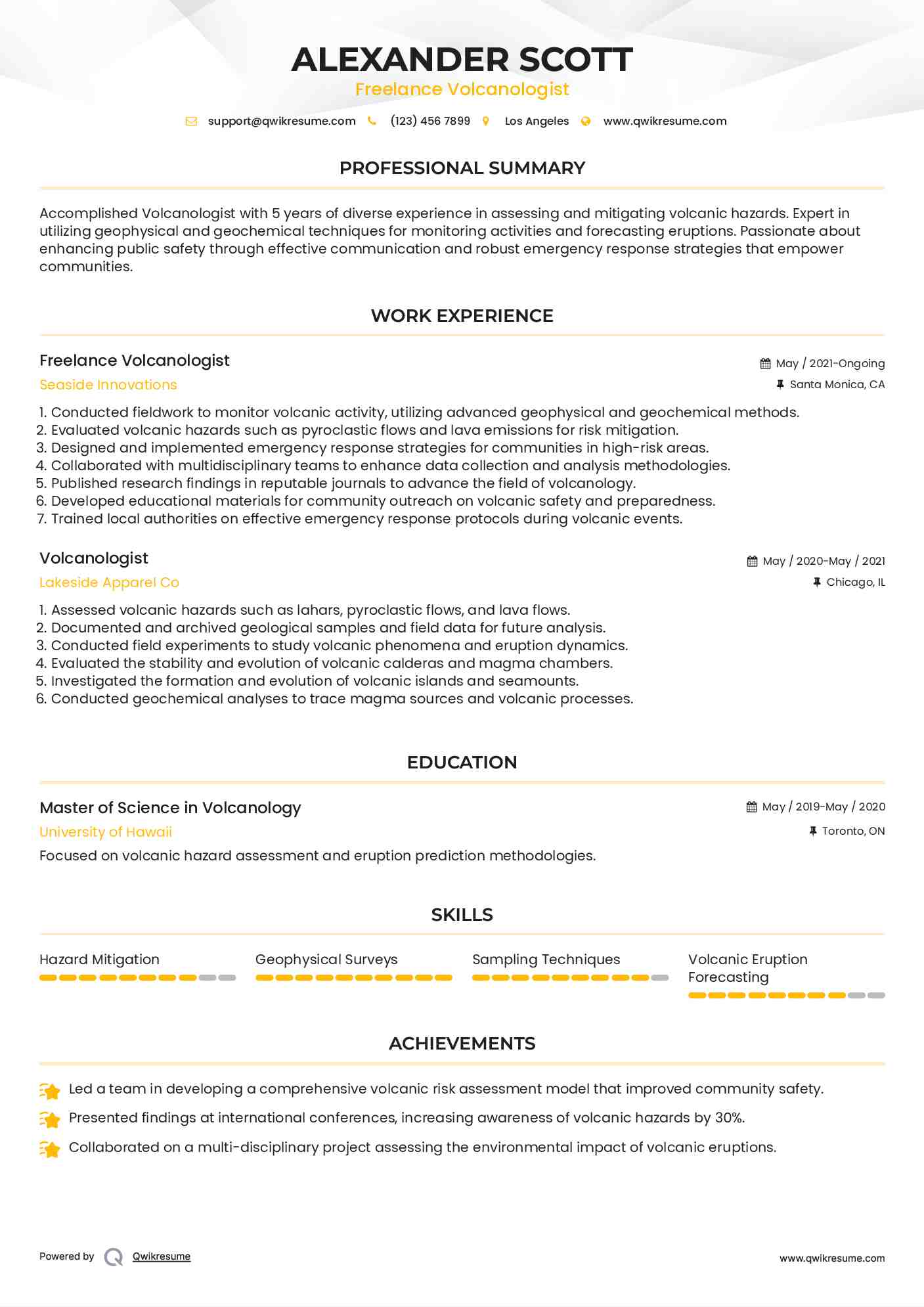 Freelance Volcanologist Resume Template