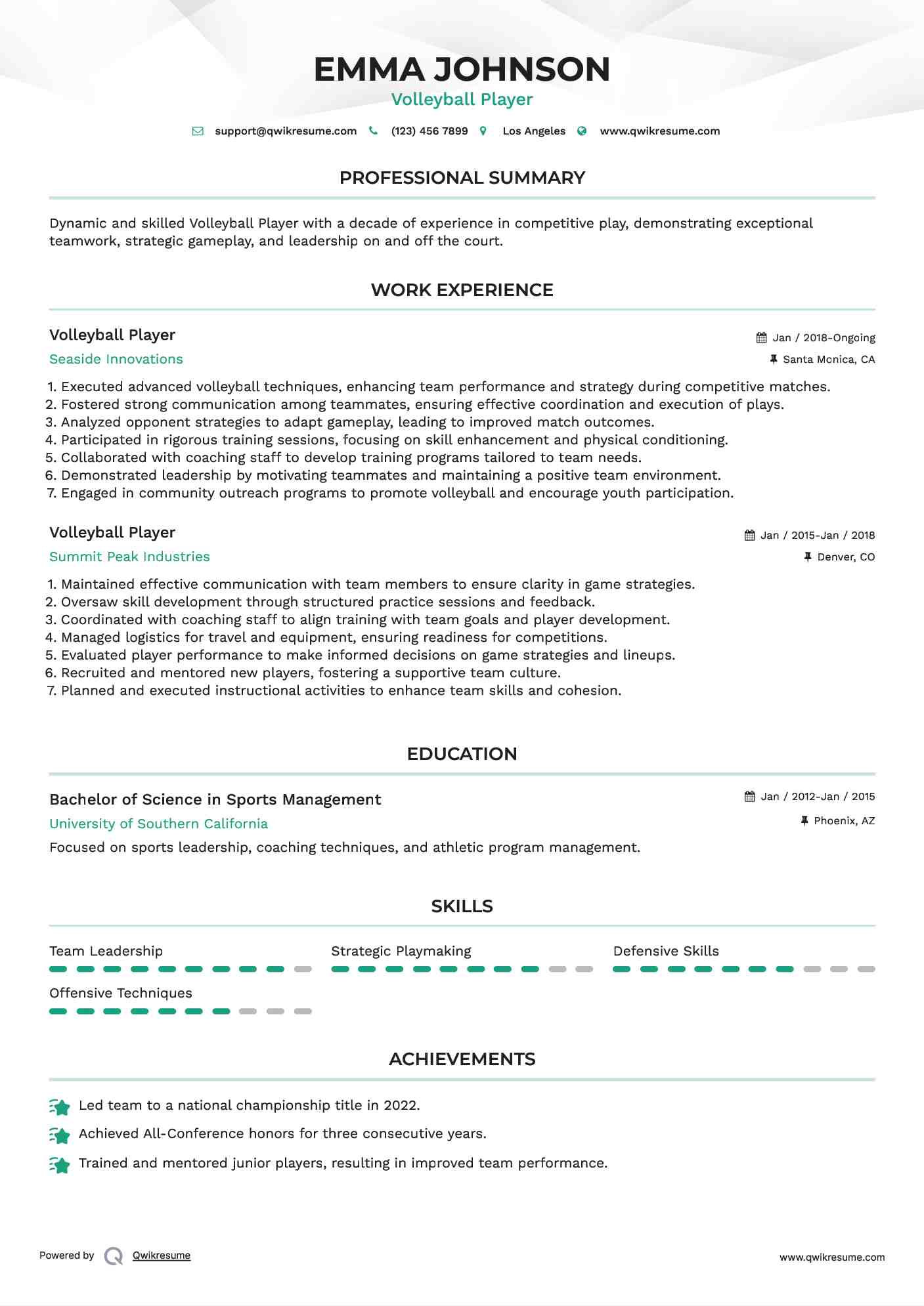 Volleyball Player Resume Format