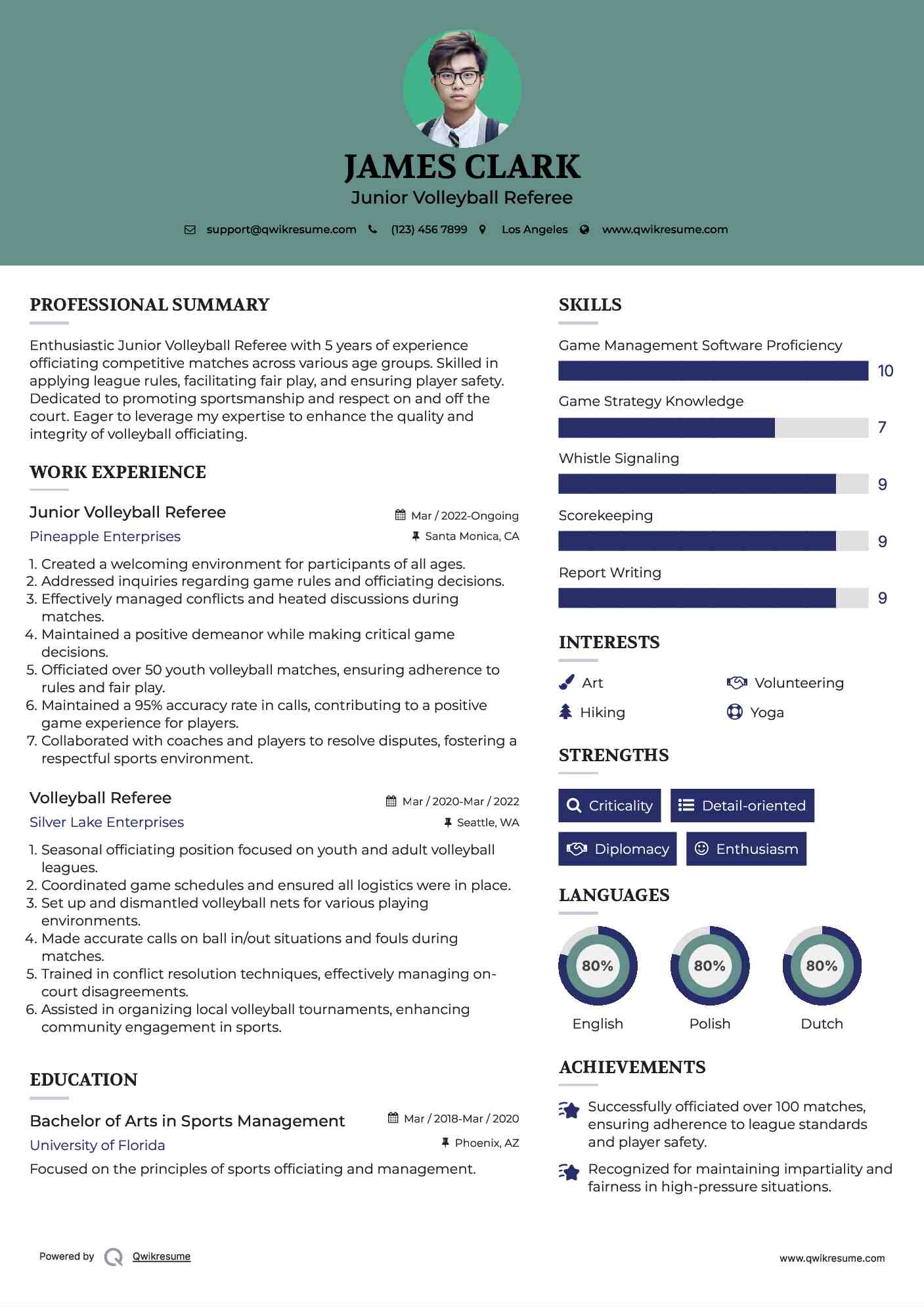 Junior Volleyball Referee Resume Sample