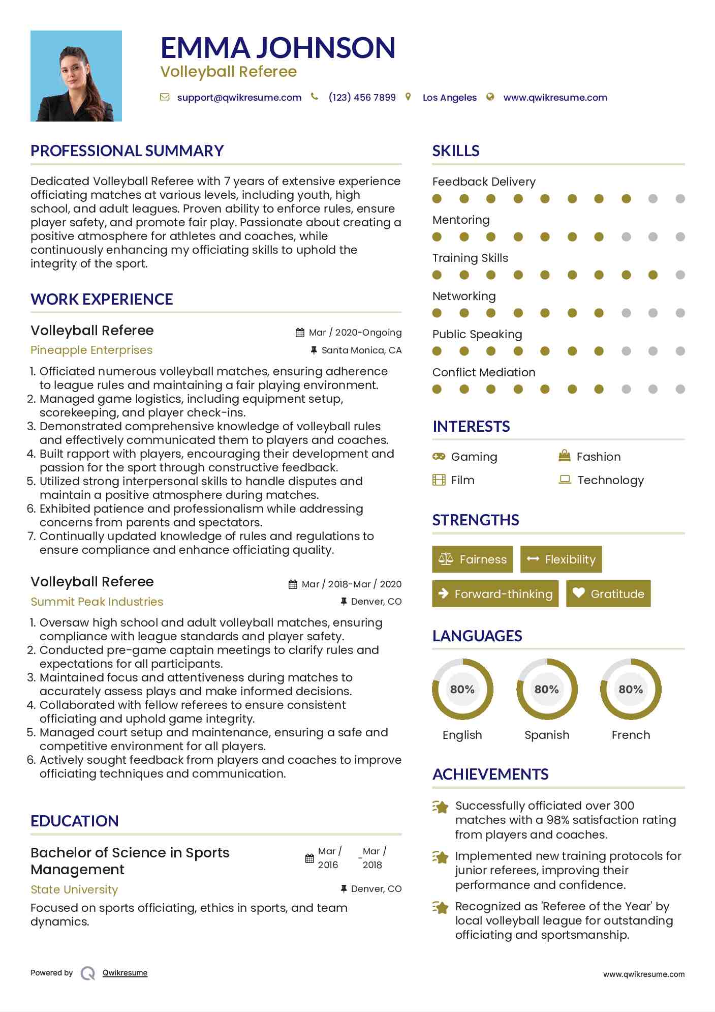 Volleyball Referee Resume Example