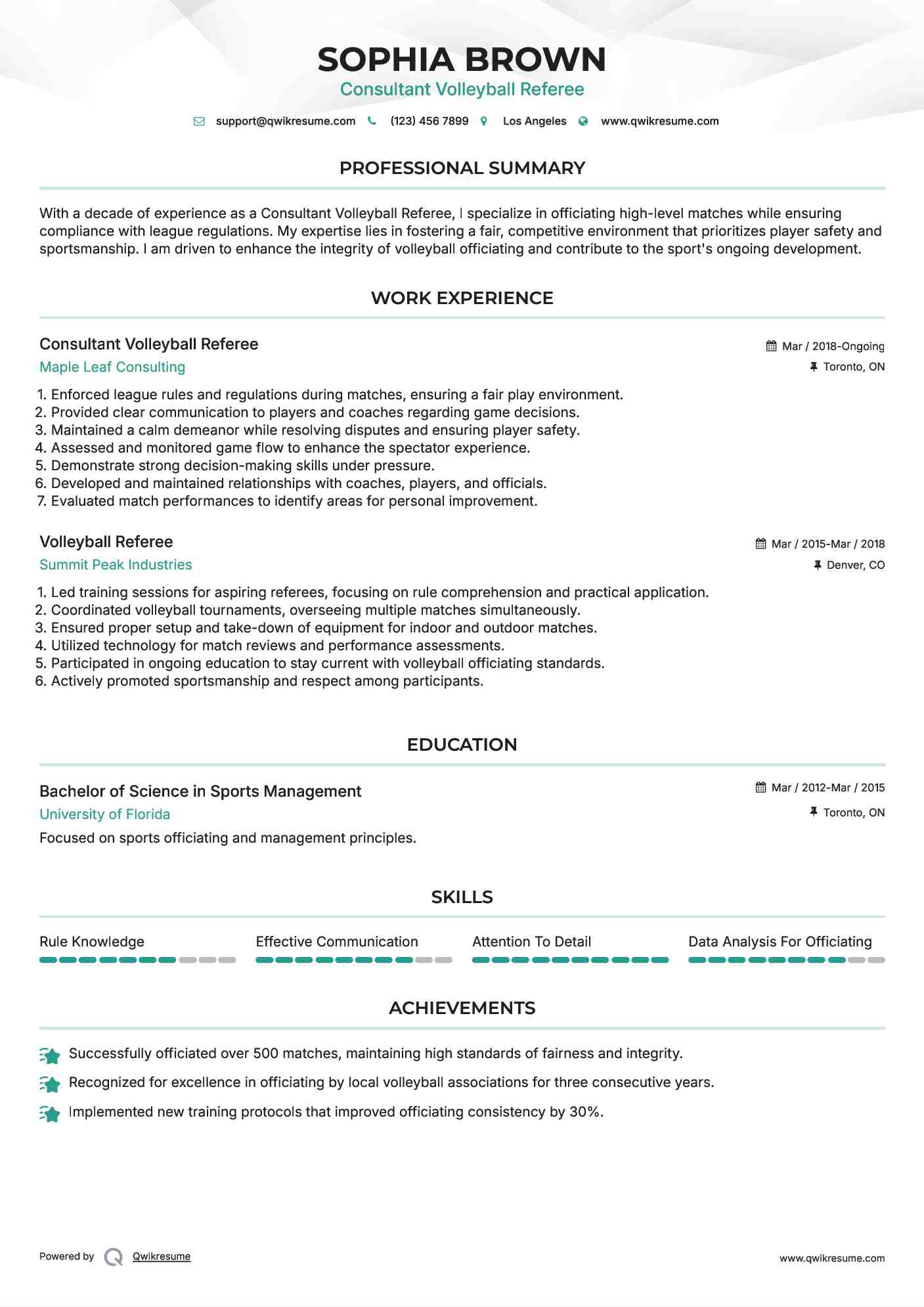 Consultant Volleyball Referee Resume Model