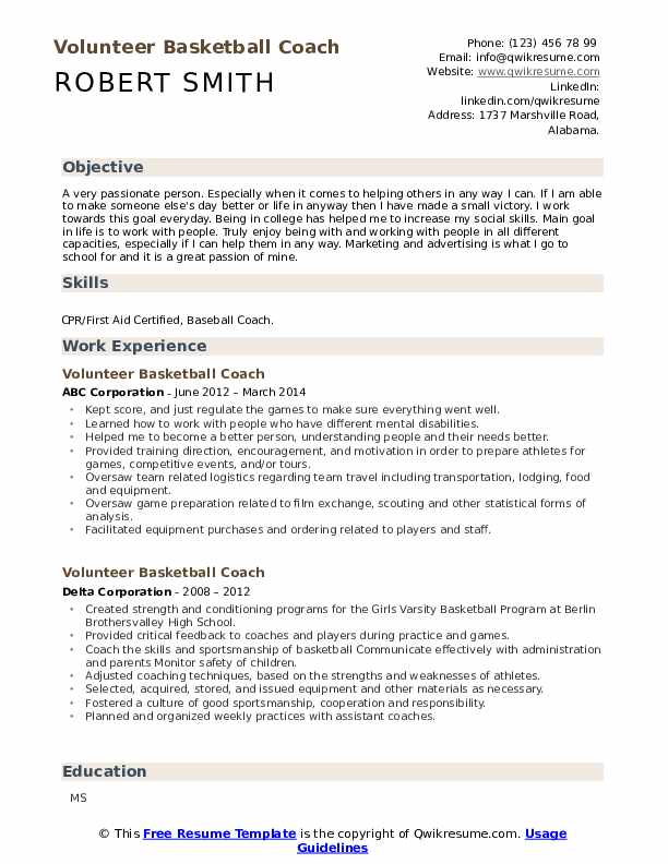 Volunteer Basketball Coach Resume Samples QwikResume