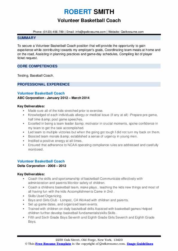 Volunteer Basketball Coach Resume Samples QwikResume