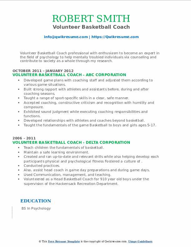 Volunteer Basketball Coach Resume Samples QwikResume