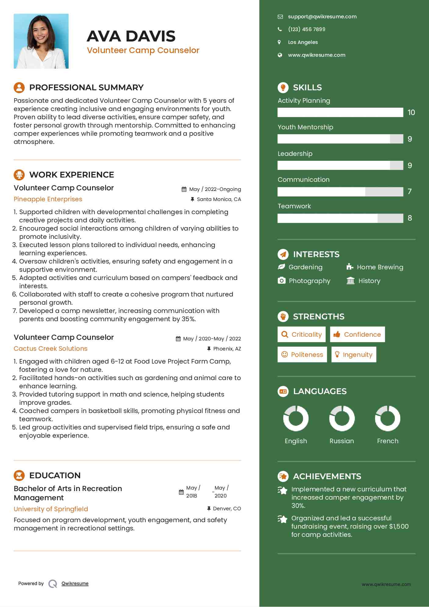 Volunteer Camp Counselor Resume Model