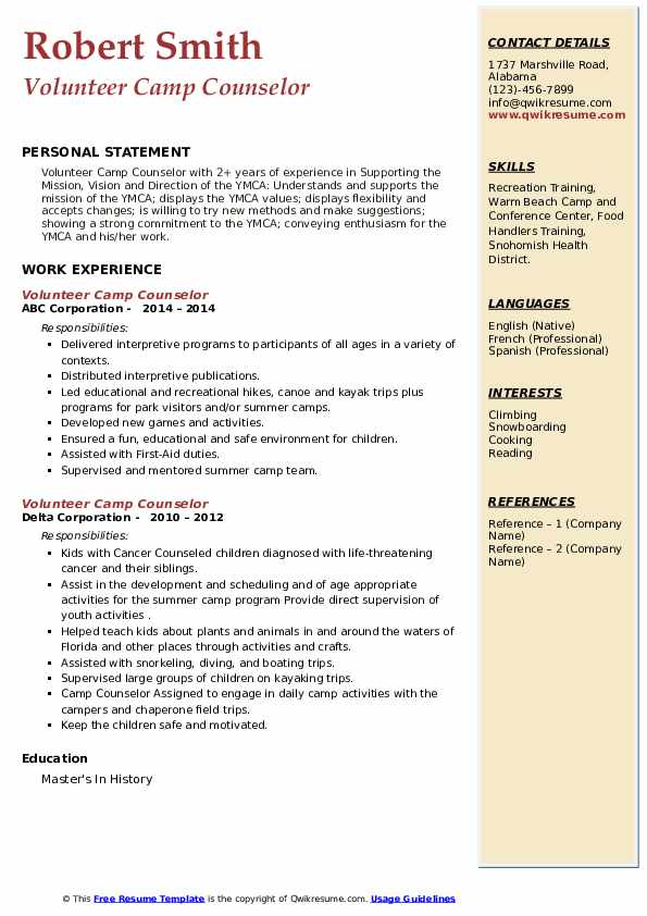 Volunteer Camp Counselor Resume - Volunteer Camp Counselor 1655895071 Pdf 