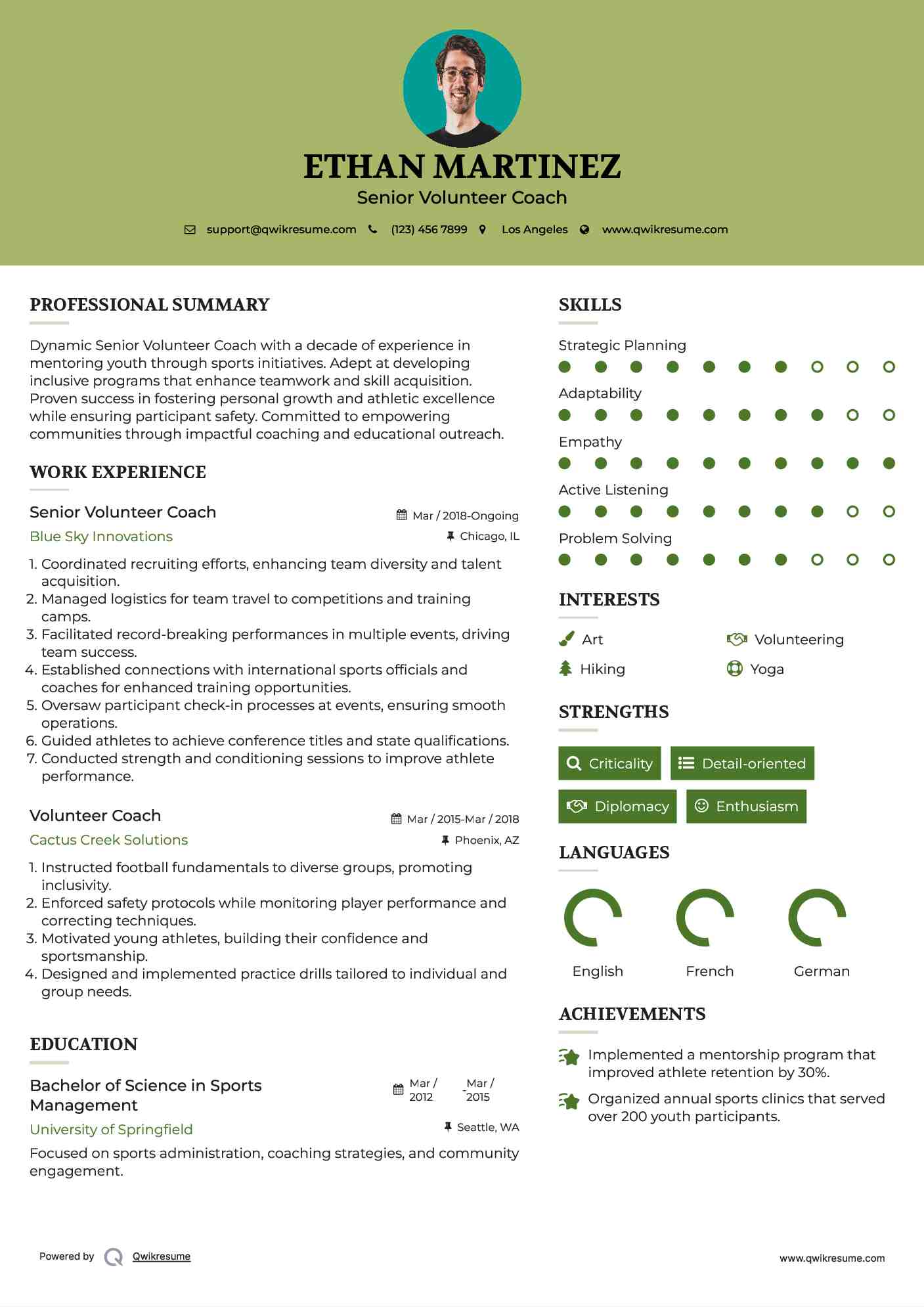 Senior Volunteer Coach Resume Template