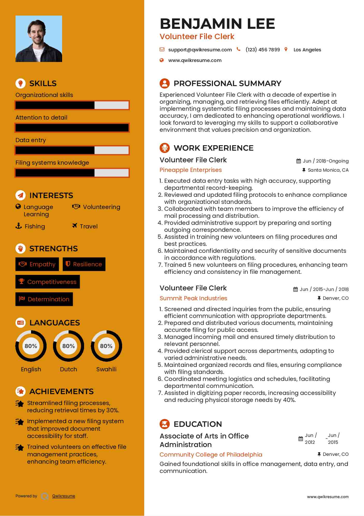 Volunteer File Clerk Resume Model