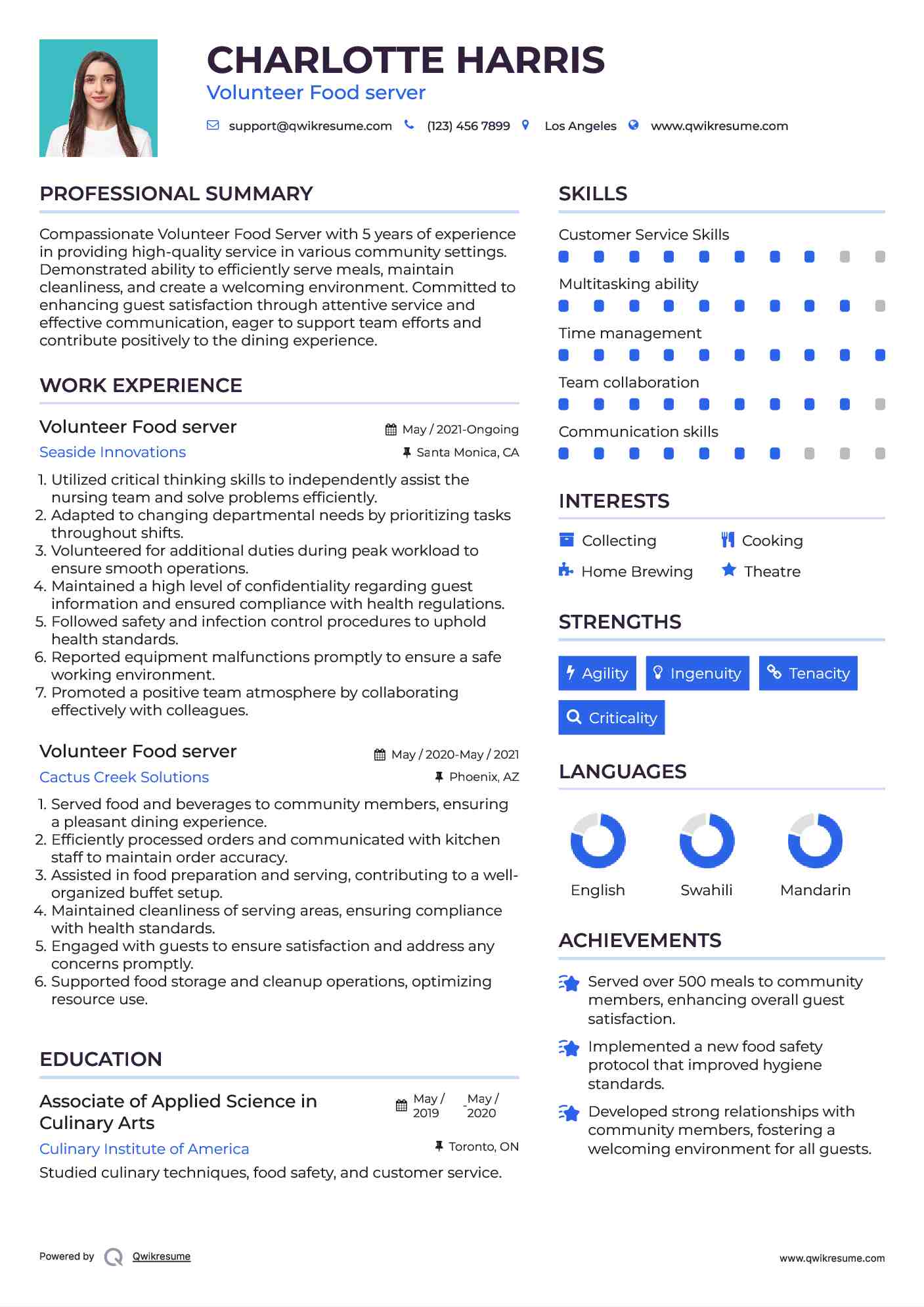 Volunteer Food server Resume Sample