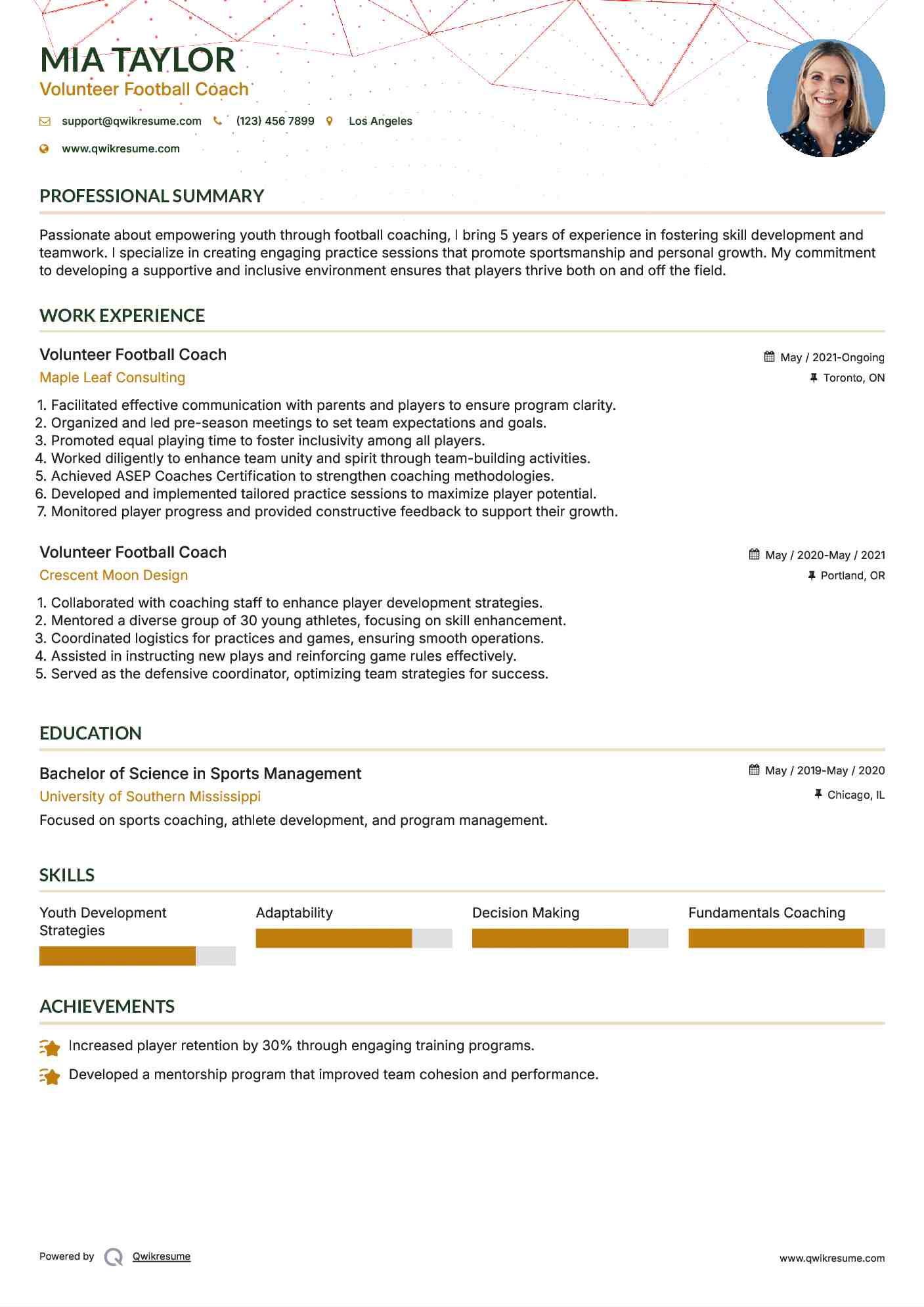 Volunteer Football Coach Resume Format