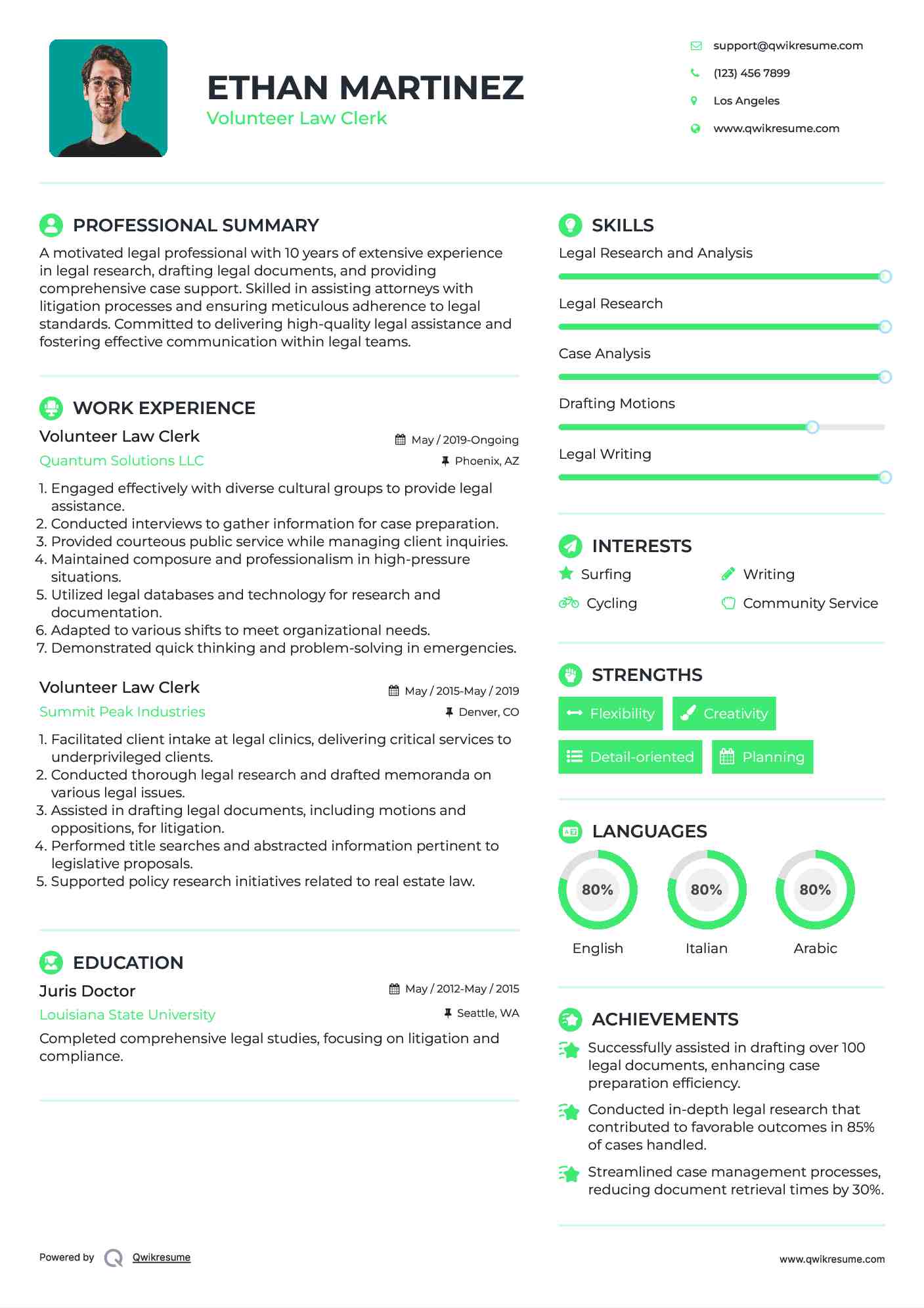 Volunteer Law Clerk Resume Sample