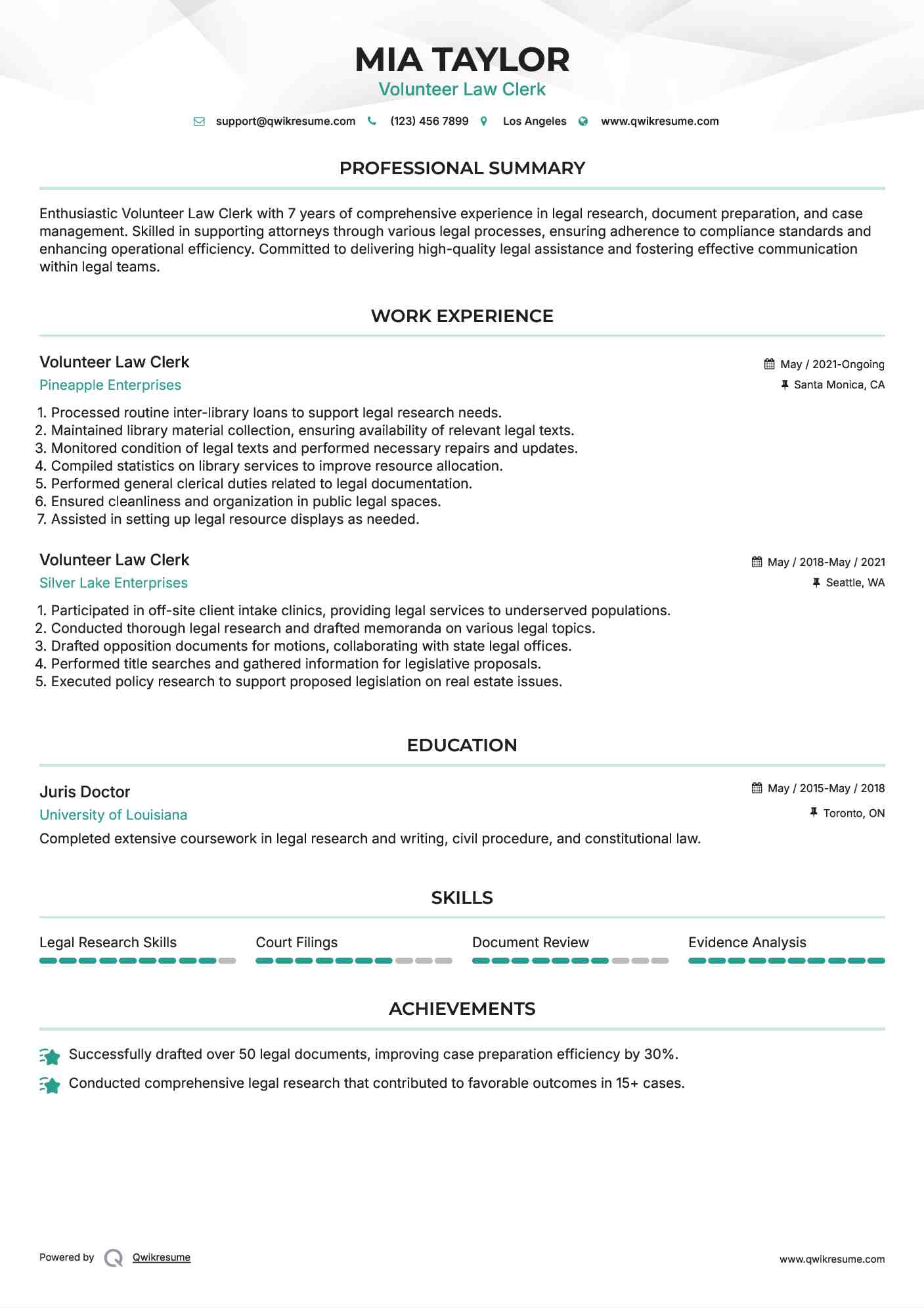Volunteer Law Clerk Resume Template