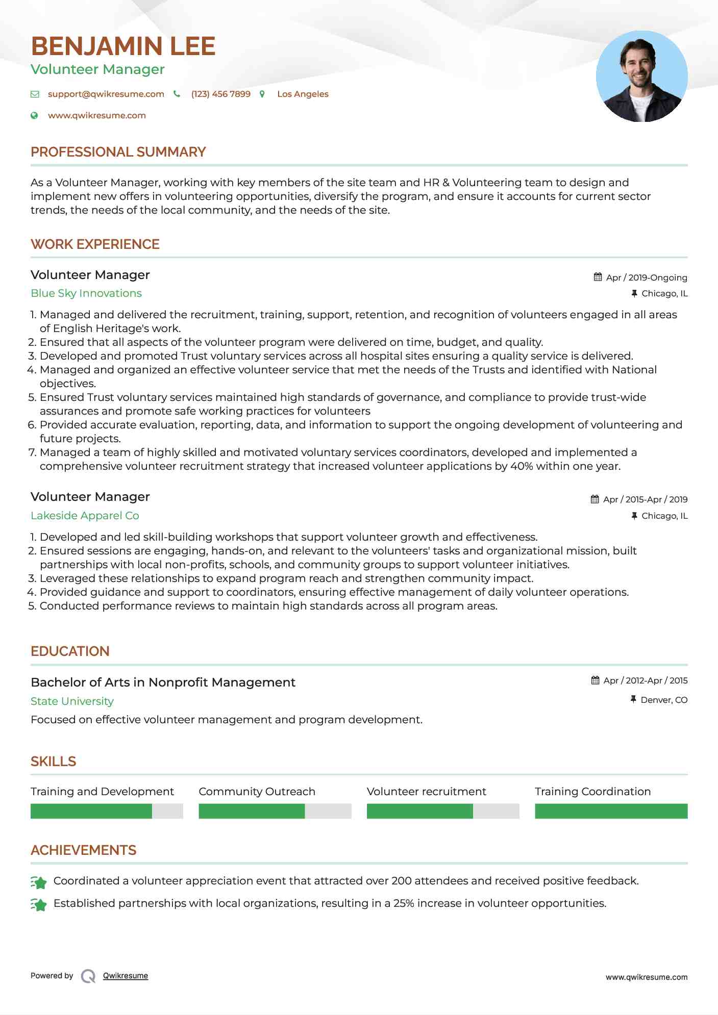 Volunteer Manager Resume Model