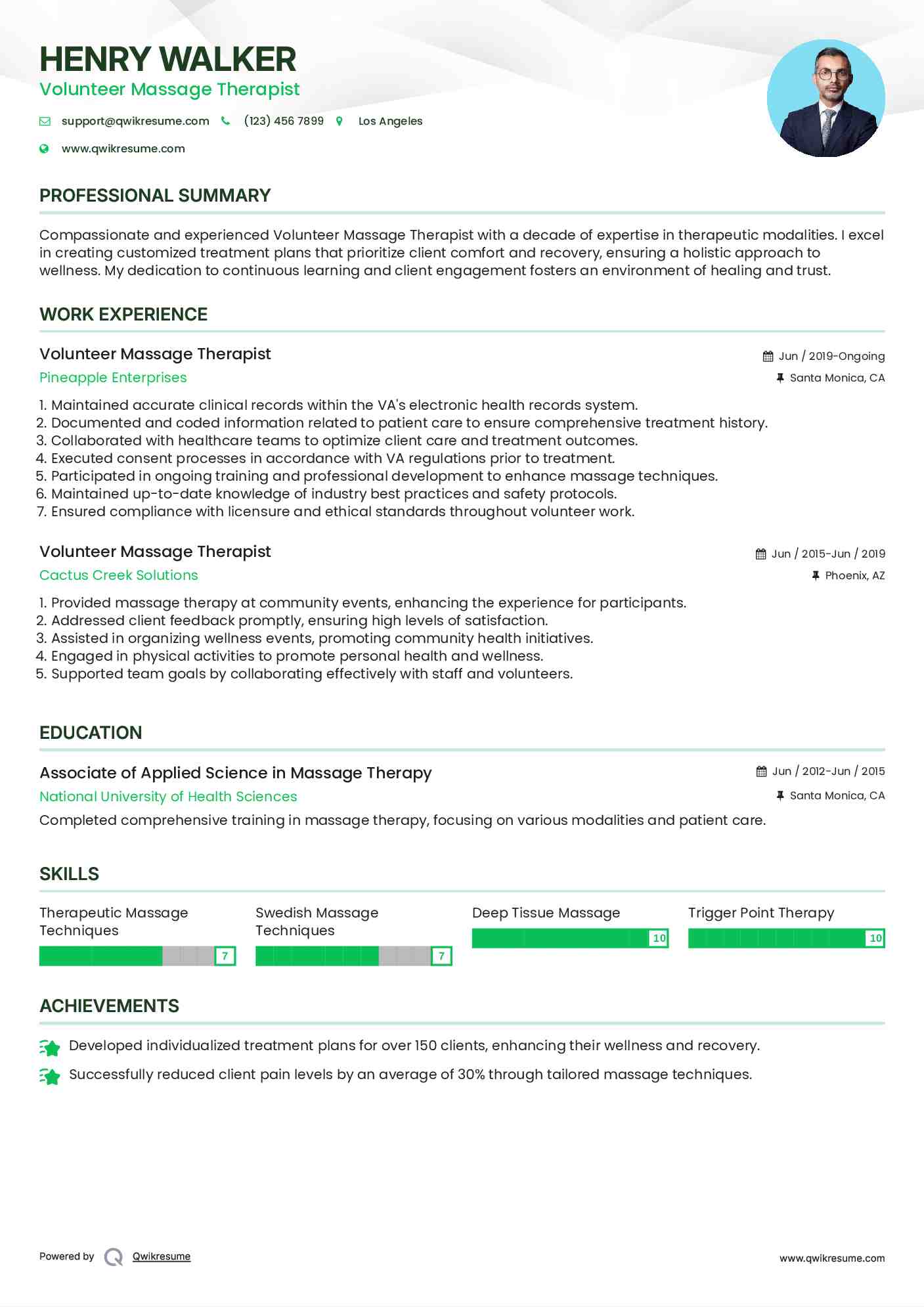 Volunteer Massage Therapist Resume Template
