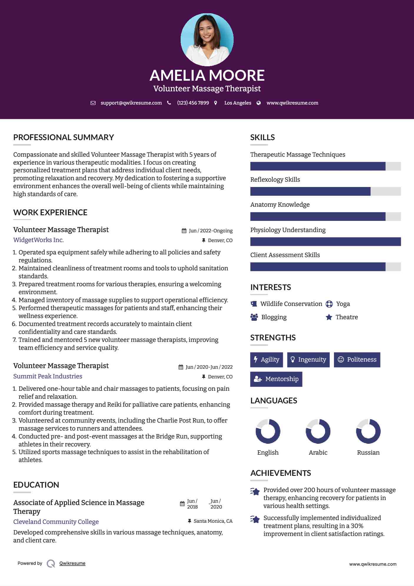 Volunteer Massage Therapist Resume Template
