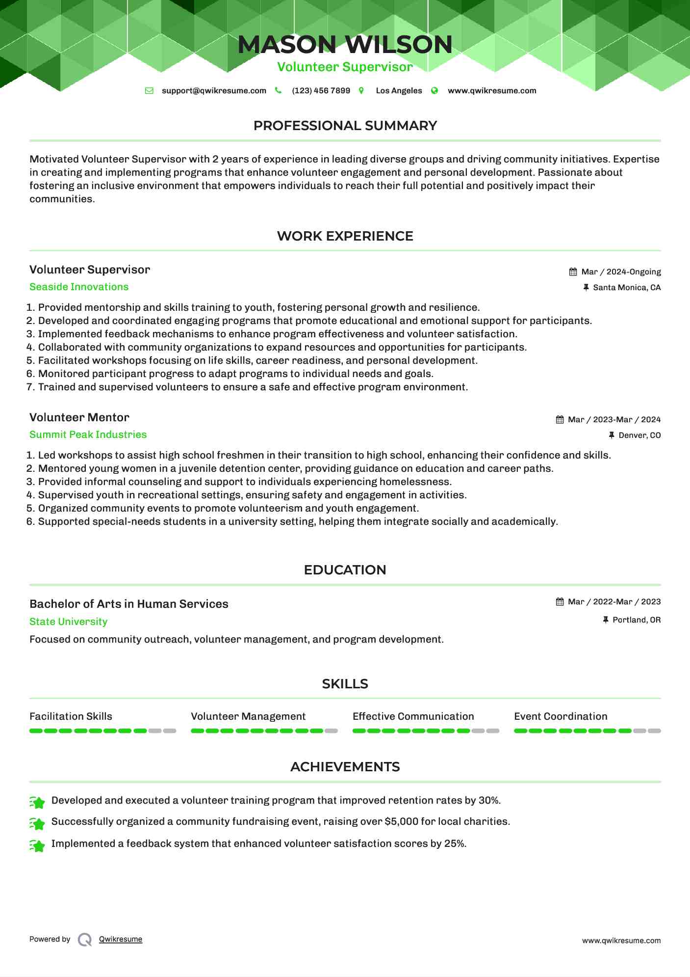 Volunteer Supervisor Resume Example