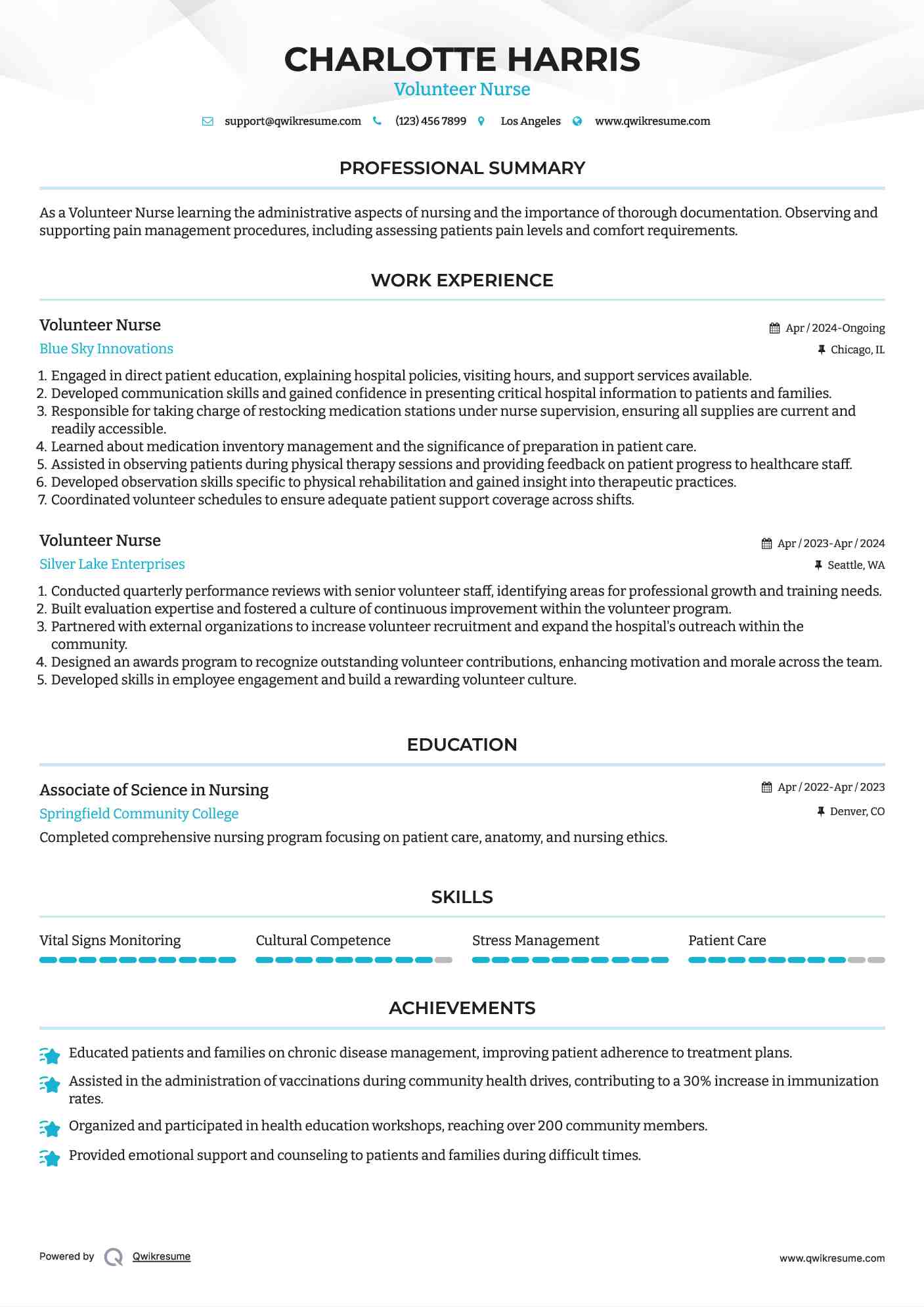 Volunteer Nurse Resume Example