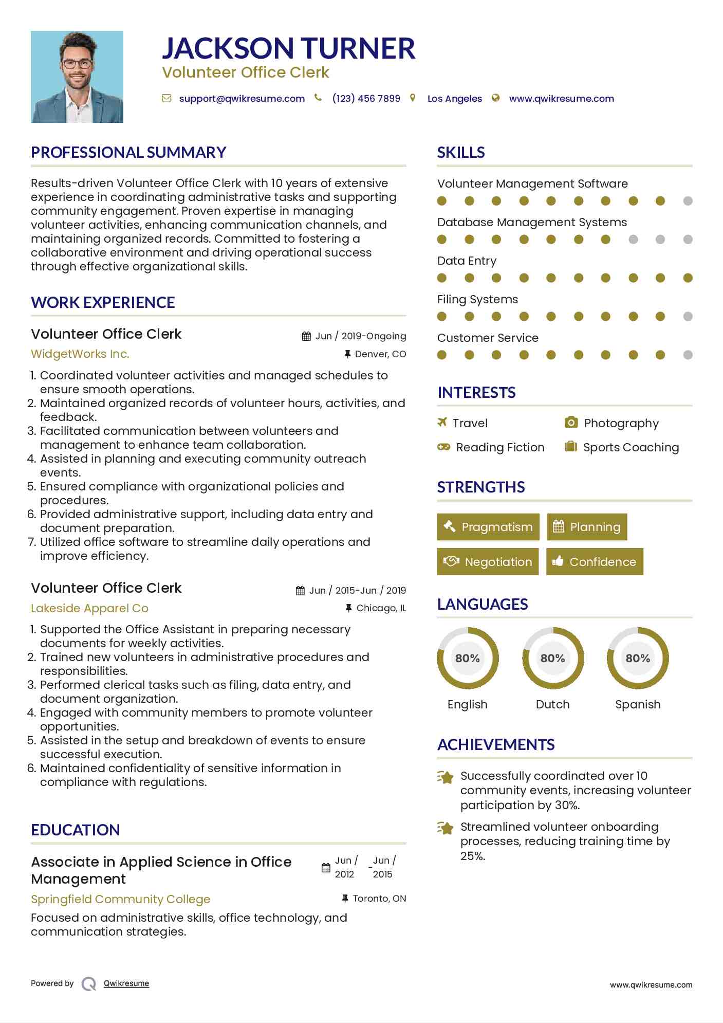 Volunteer Office Clerk Resume Example