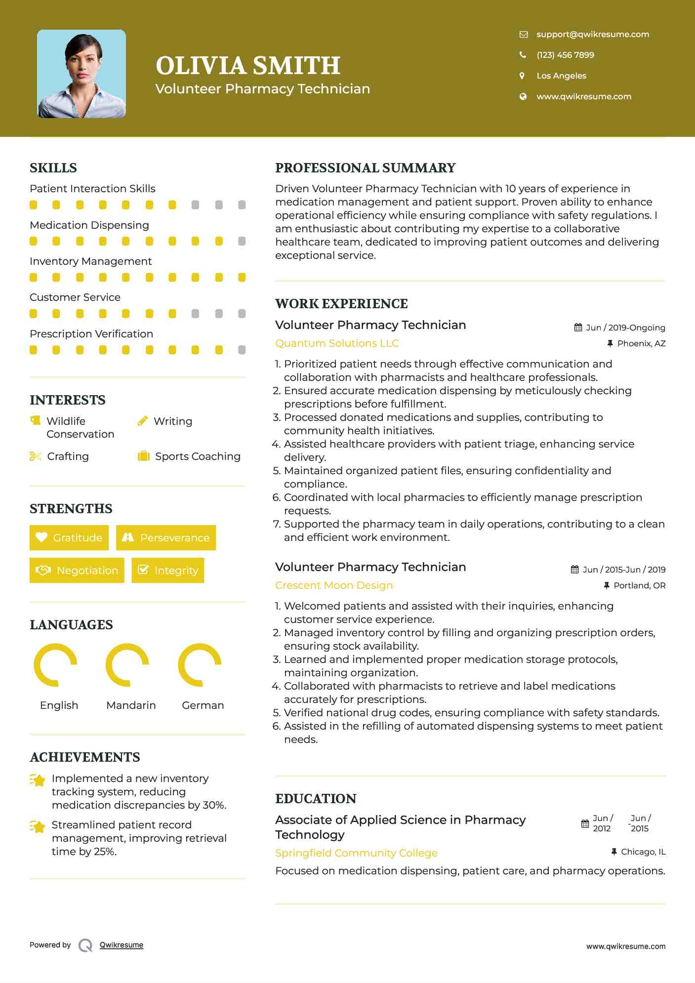 Volunteer Pharmacy Technician Resume Example